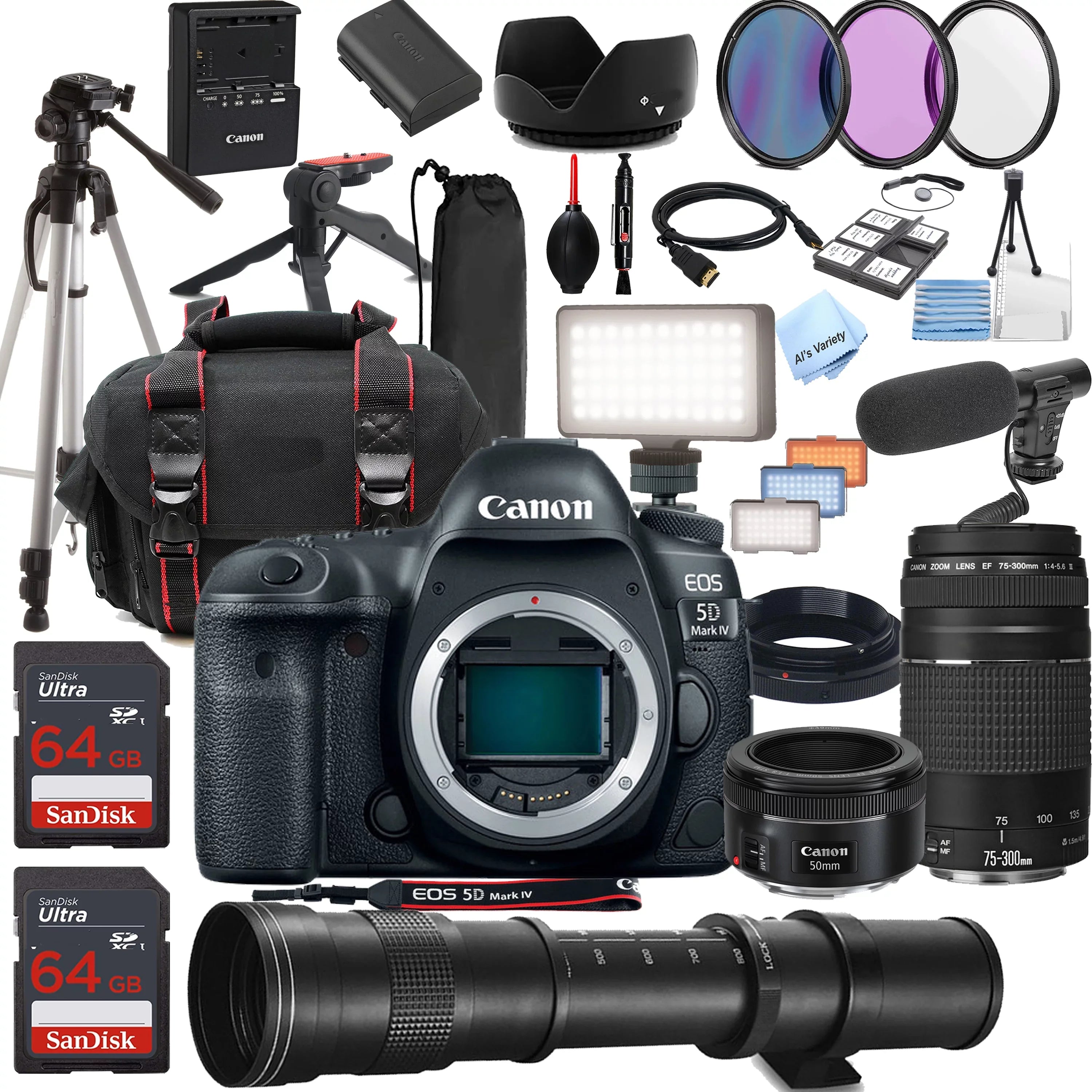 Canon  5D Mark   Camera w/  50mm  + 75-300mm + 420-800mm Super Telephoto Lens +  Always on Light + 128GB Memory, Filters, Case, Tripod + More (34PC Bundle Kit)