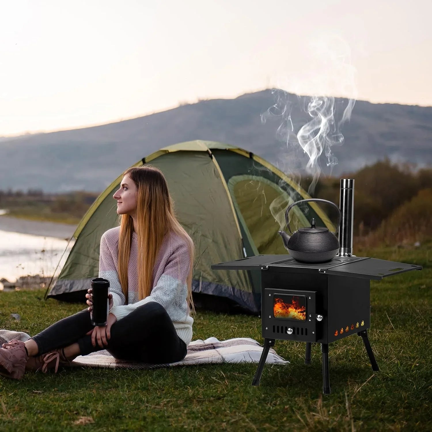 Camping Wood Stove, Outdoor Portable Tent Wood Burning Stove with Stainless Chimney Pipes, Tent Stove Jack & Gloves for Outdoor Camping Cooking and Heating 1-2 People Use(Black)