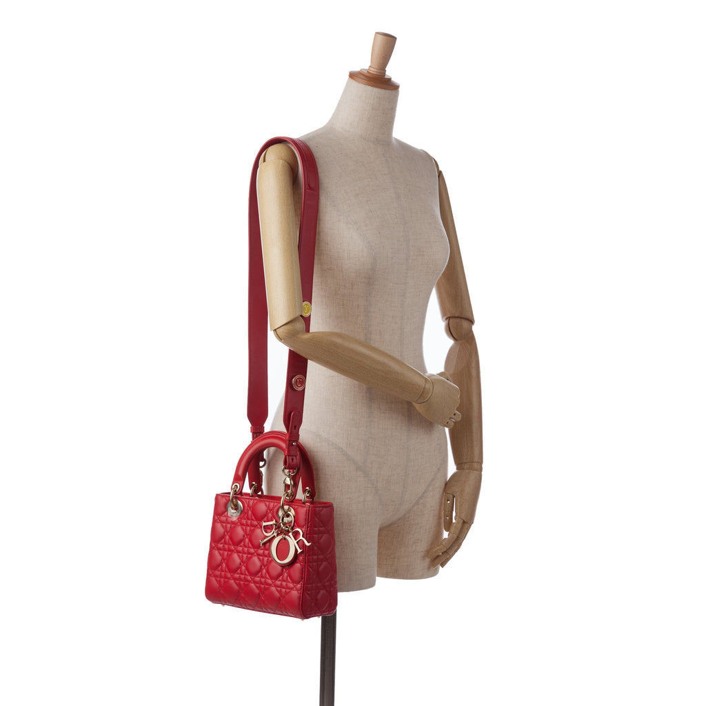 Pre-Owned Authenticated Small Lambskin Cannage My ABCDior Lady Dior Leather Red Satchel Unisex (Good)
