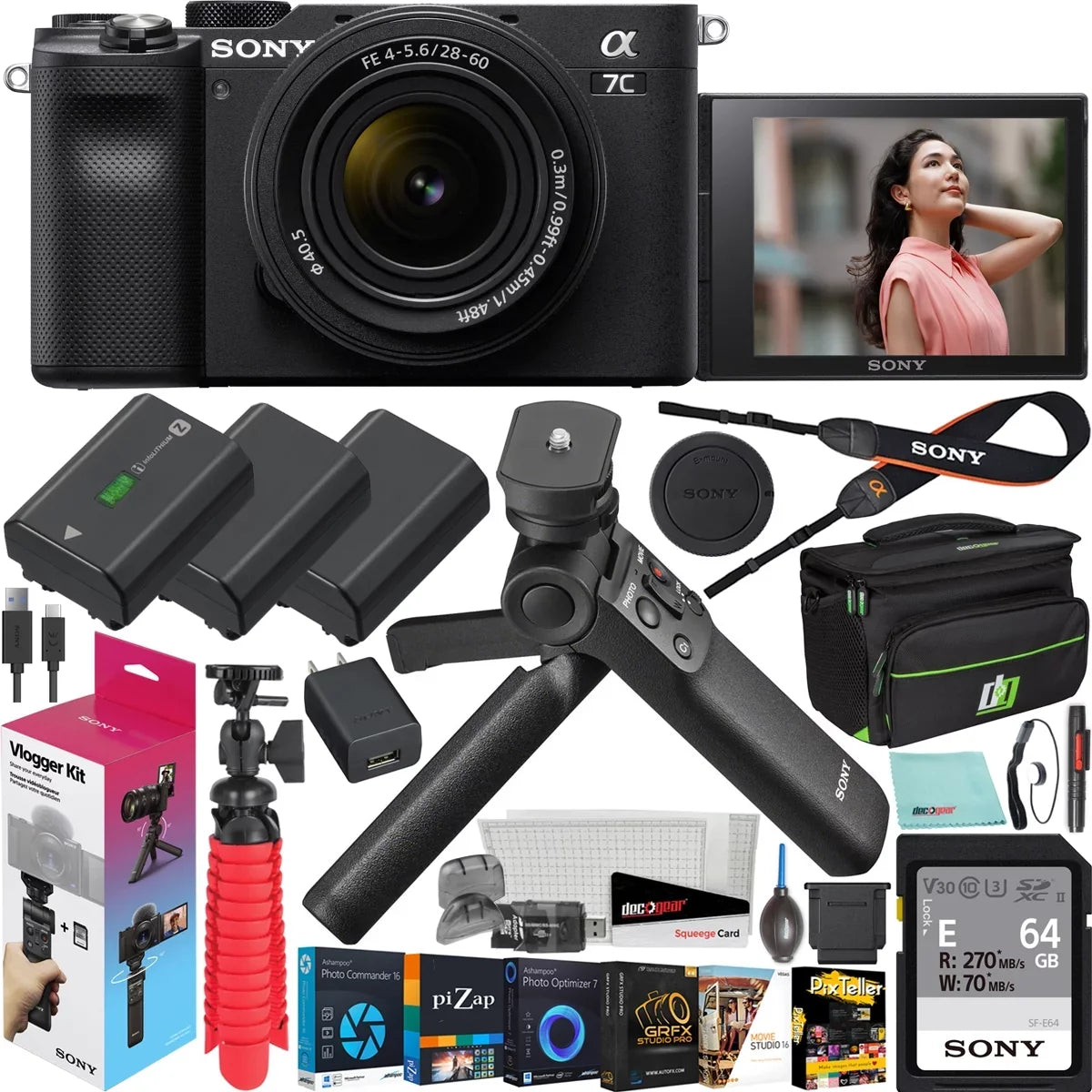 Sony a7C Mirrorless Full Frame Camera Body with 28-60mm F4-5.6 Lens Black ILCE7CL/B Bundle + Vlogger Kit ACCVC1: -VPT2BT Shooting Grip w. Wireless Remote + 2x Battery + Deco Gear Bag & Accessories