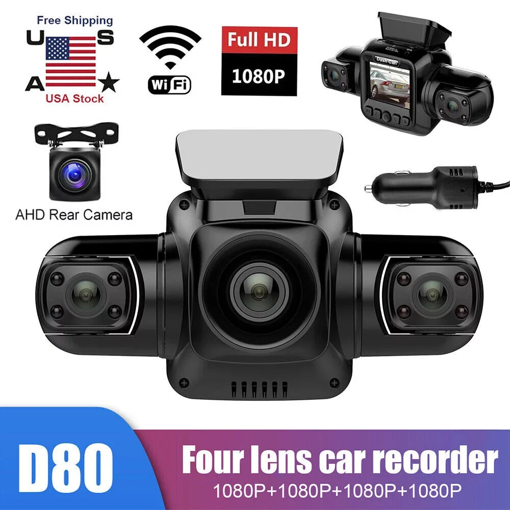3 Channel Dash Cam Front, Left, Right and Rear, Front and Rear Inside, 360°Panoramic Driving Recorder  Car Cameras Night Vision