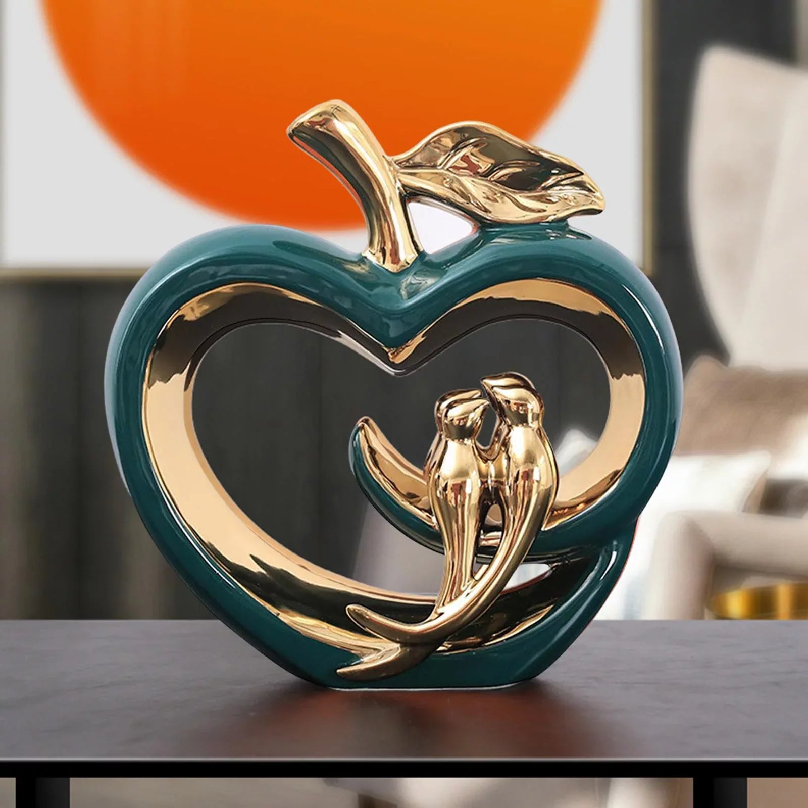 Modern Ceramic Fruit Statue Ornaments Hollow Heart Shape Sculpture, for Living Room, Fairy Garden Desktop Furnishings Gift , Green