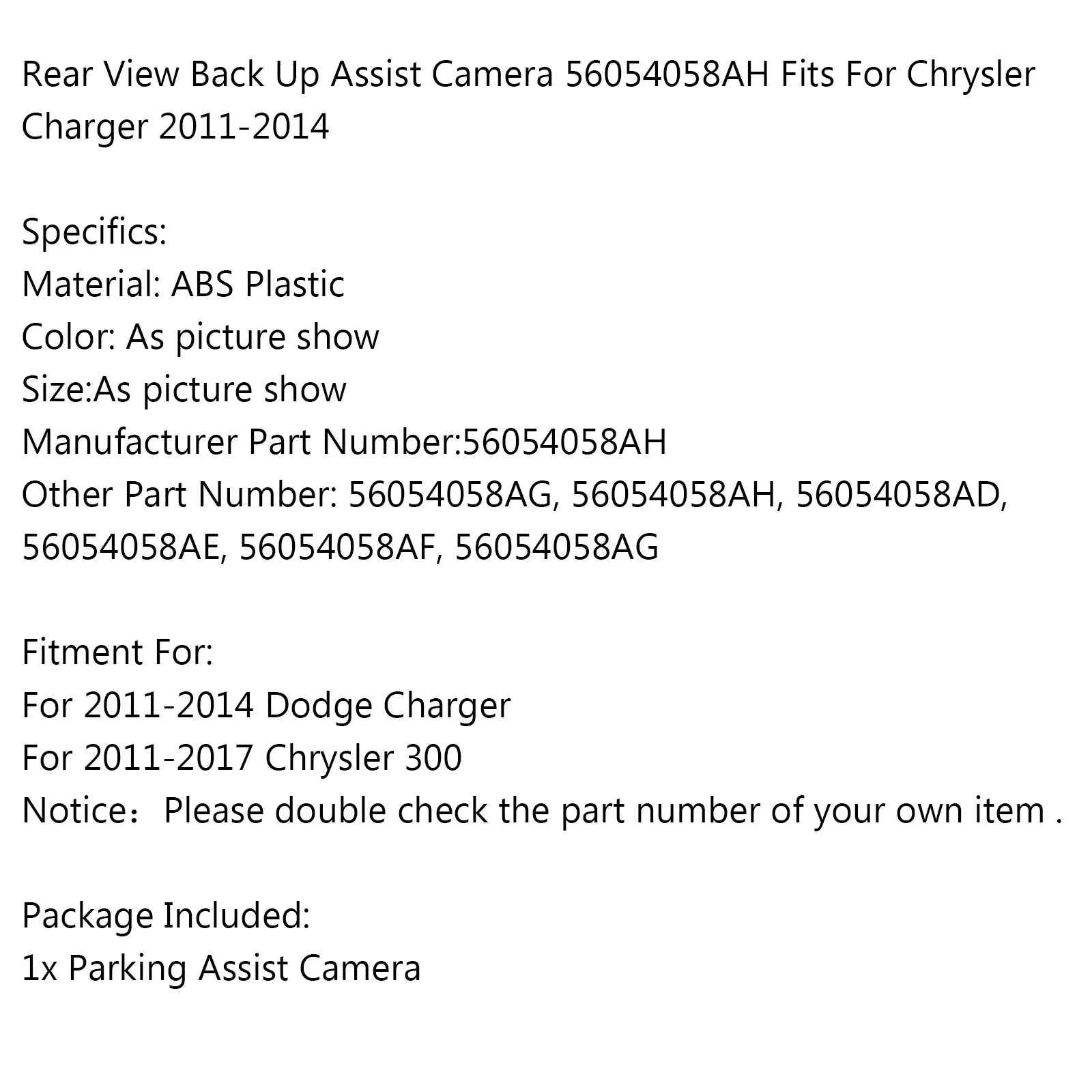 Motor Genic Rear View Back Up Assist Camera 56054058AH Fits For Chrysler Charger 2011-2014