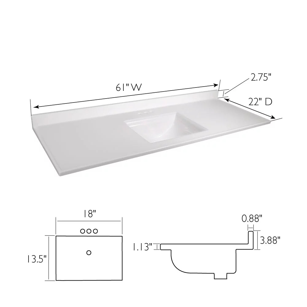 Design House 557660- 61-inch Camilla Cultured Marble Centerset Mount Rectangle Single Bow Vanity Top with Integrated Backsplash, Solid White