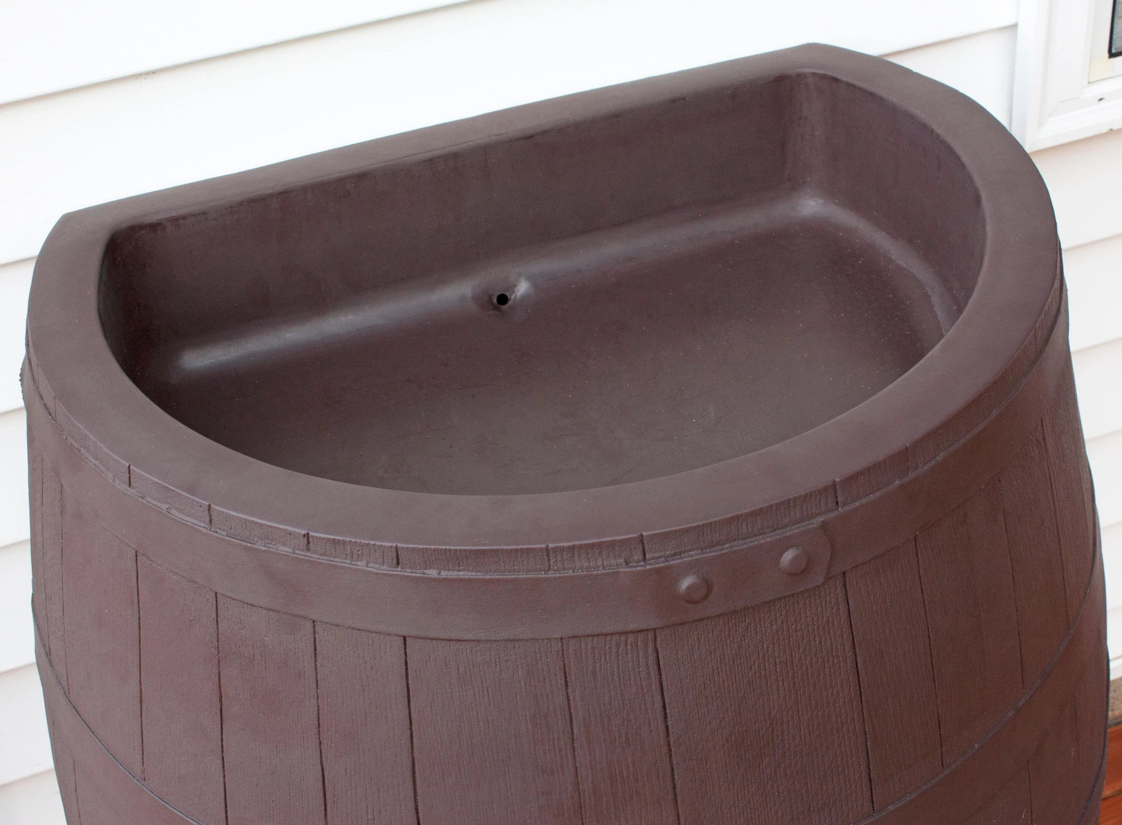 Rescue 50-Gallon Whiskey Rain Barrel – Includes Planter, Rain Water Diverter, Outlet Hose – Flatback Design – Brown