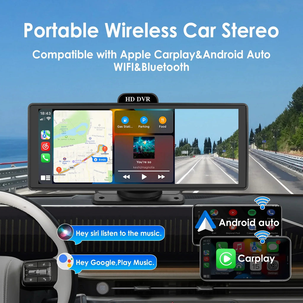 Wireless Apple Carplay Android Auto Bluetooth Portable 9.26" Touchscreen Car Stereo With 128G  Card, 4K Dash Cam And Backup Camera, Car Radio Head Unit  Navigation