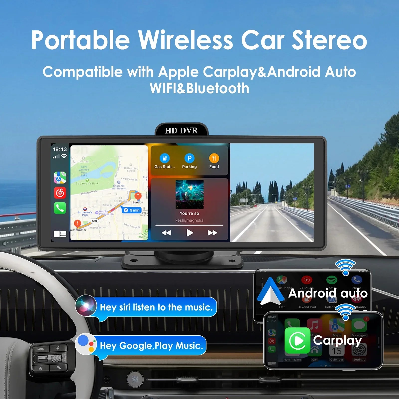 Wireless Apple Carplay Android Auto Bluetooth Portable 9.26" Touchscreen Car Stereo With 128G  Card, 4K Dash Cam And Backup Camera, Car Radio Head Unit  Navigation