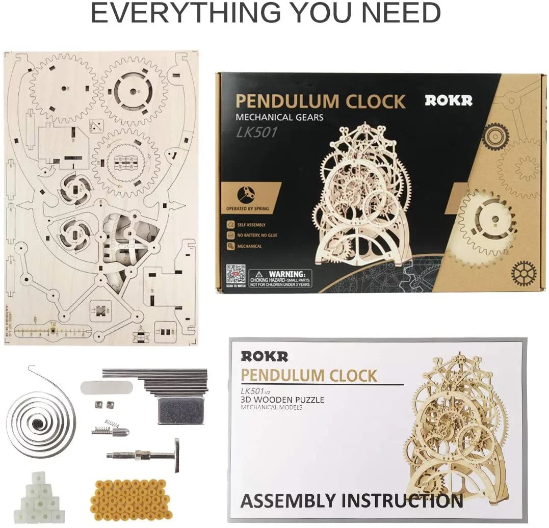 Robotime 3D Wooden Mechanical Pendulum Clock Puzzle,Mechanical Gears Toy Building Set Birthday Gifts for Kids Adults to Build