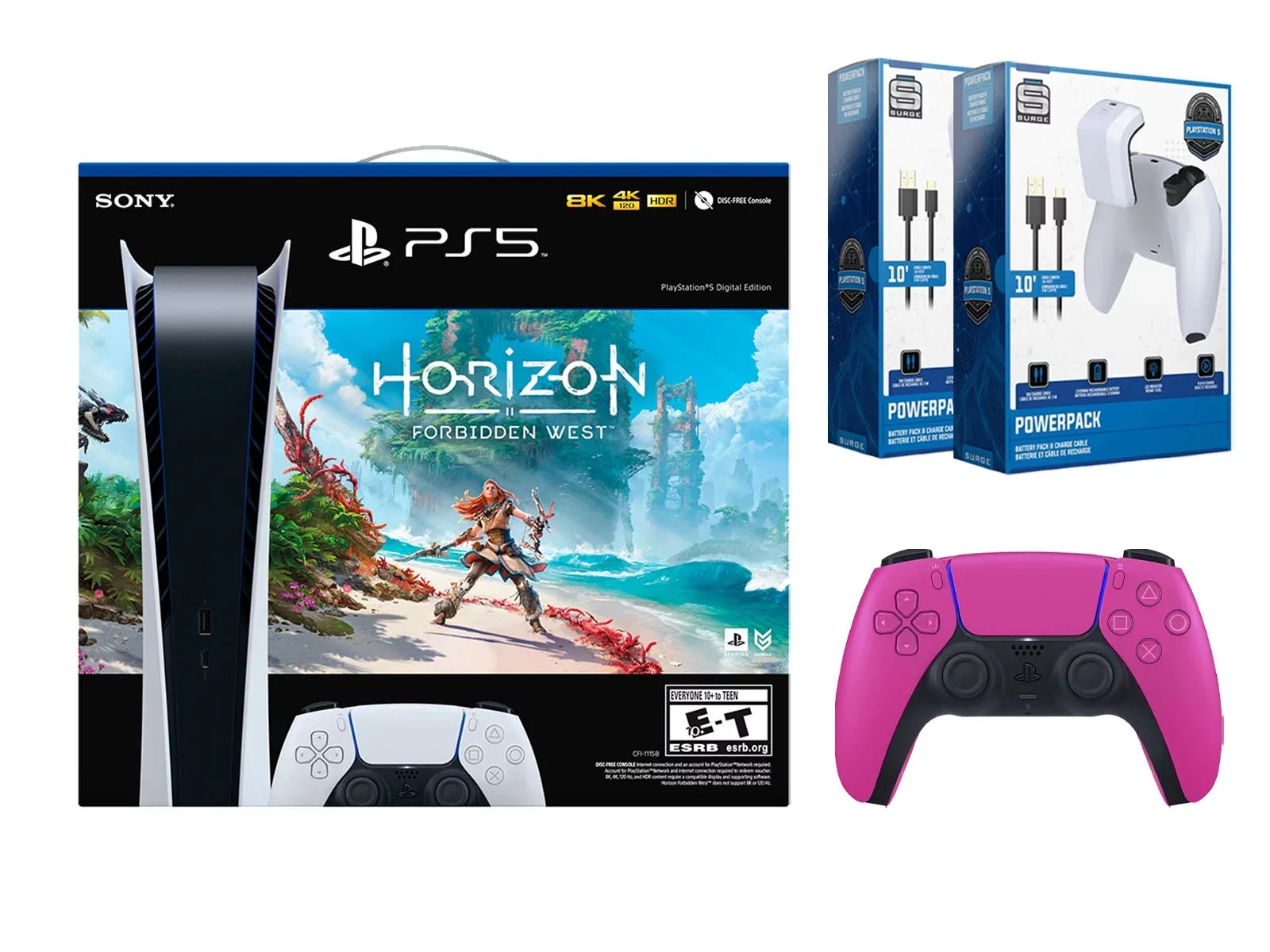 Sony Playstation 5 Digital Horizon Forbidden West Bundle with Extra Pink Controller with 2 Pack Surge Battery Pack & Charge Cable
