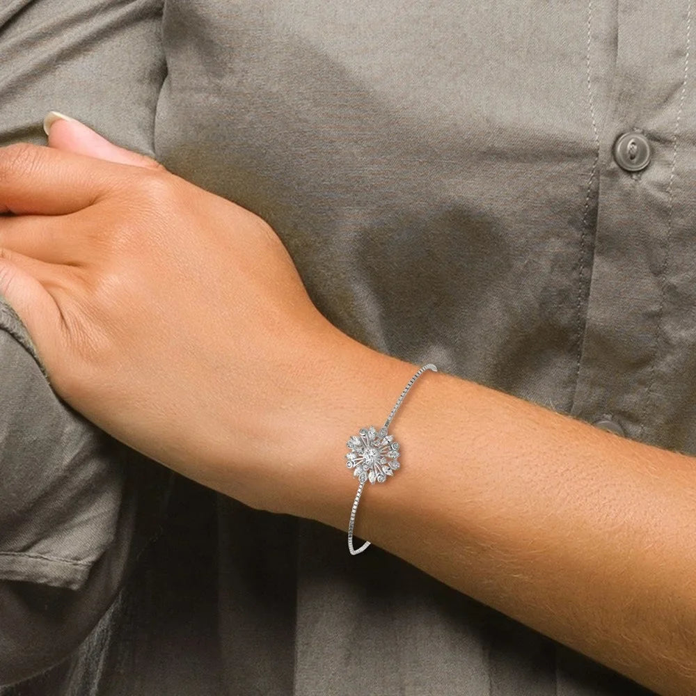 Auriga 925 Sterling Silver Rhodium-plated Floral  Adjustable Bolo Bracelet for Women