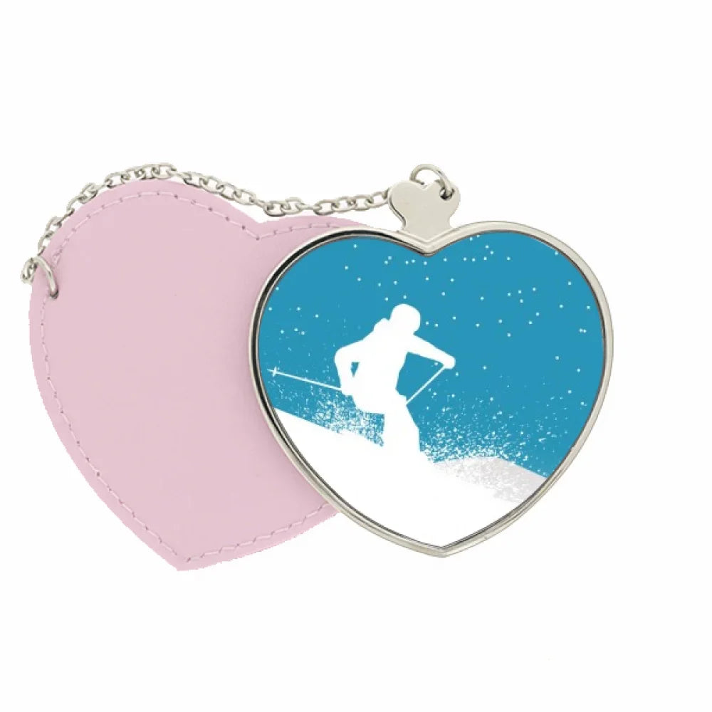 Sport Skiing with Skis Ski Pole Mirror Travel Purse Makeup Heart Pink
