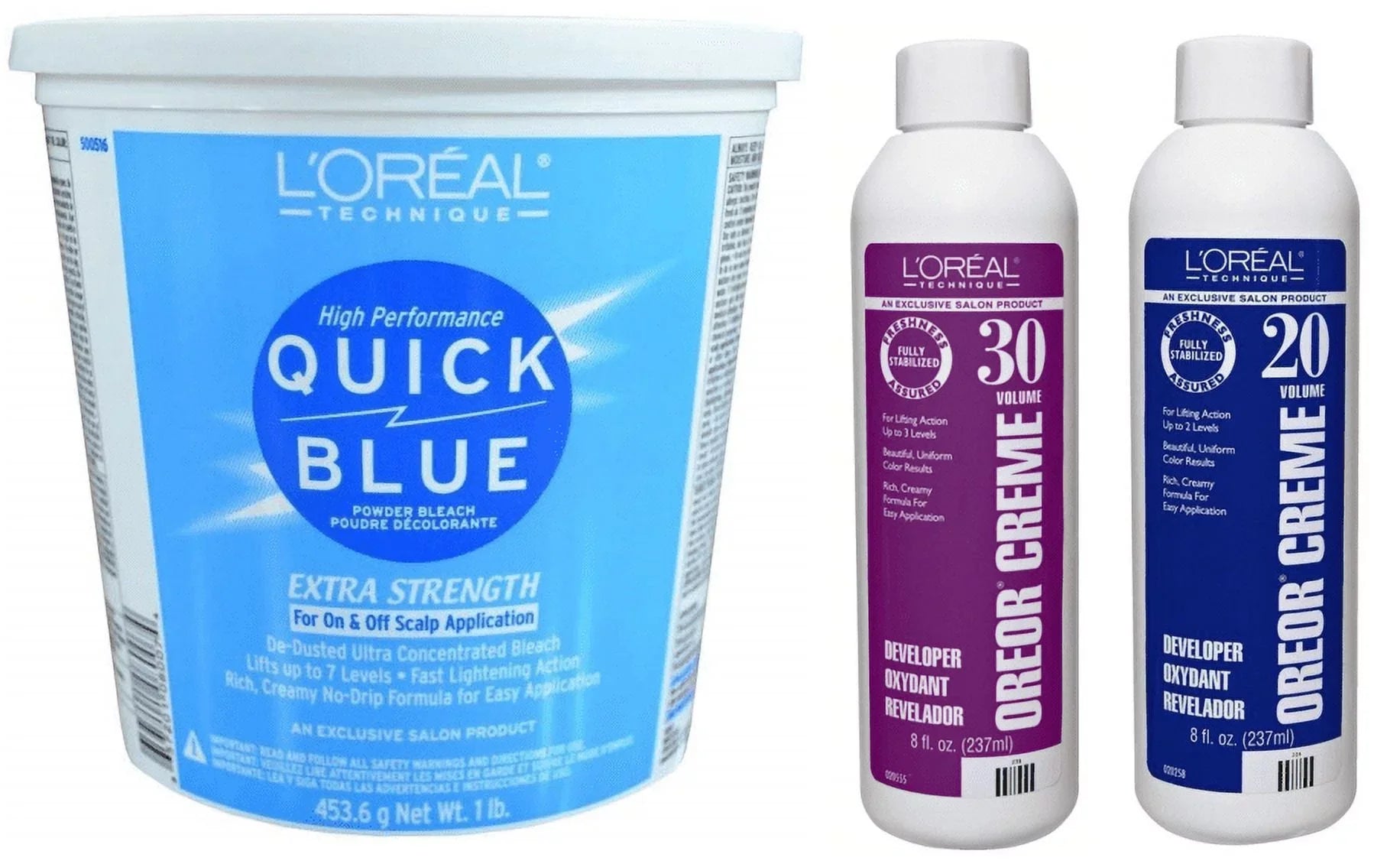 L'Oreal Quick Blue Powder Bleach, 1 , Loreal 20 Volume 8oz and Loreal 30 Volume 8oz Bundle