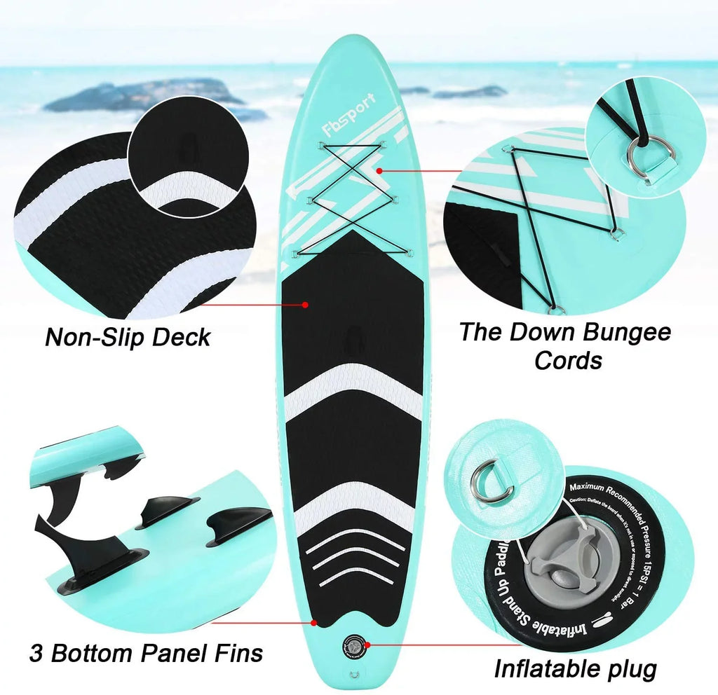 FBsport 10 Ft. Brushed Thickening Inflatable Stand up Paddle Board with Complete Accessories and Carry Bag, Wide Stance, Surf Control, Non-Slip Deck, Standing Boat, Green