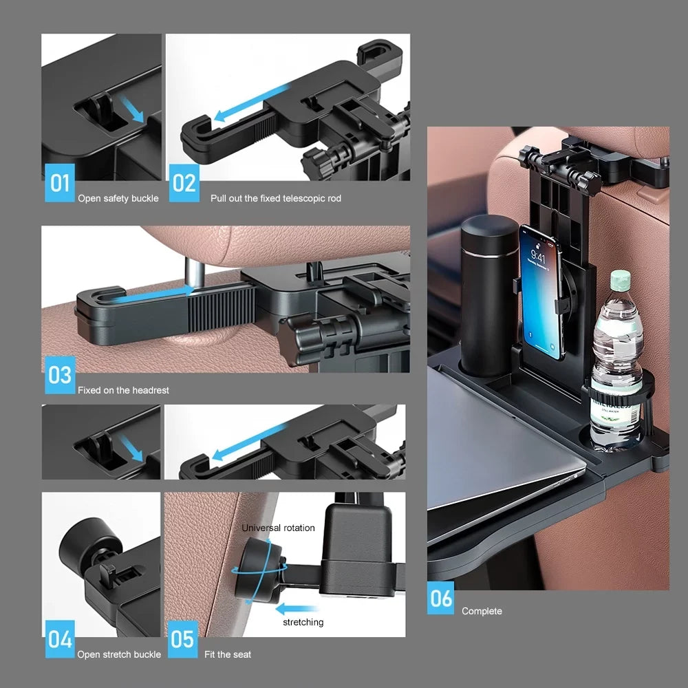 Aibecy Adjustable Car Seat Travel Table Multifunctional Foldable Car Back Seat Food Tray, Car Table with Phone Holder for Working, Writing, Eating Black