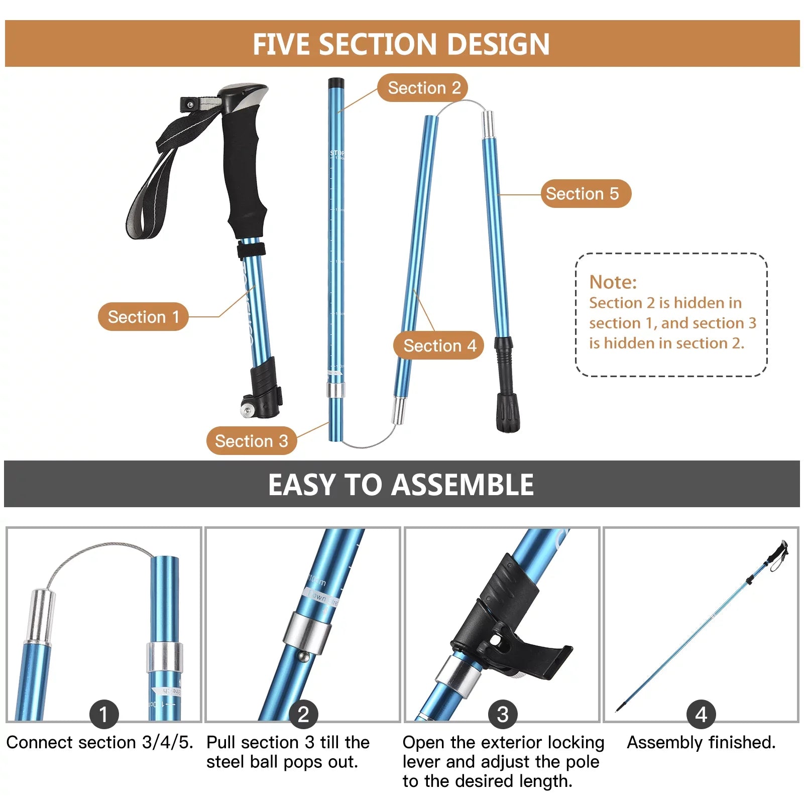 Tomshoo Trekking Pole for Hiking Camping Backpacking, Lightweight and Durable, Blue