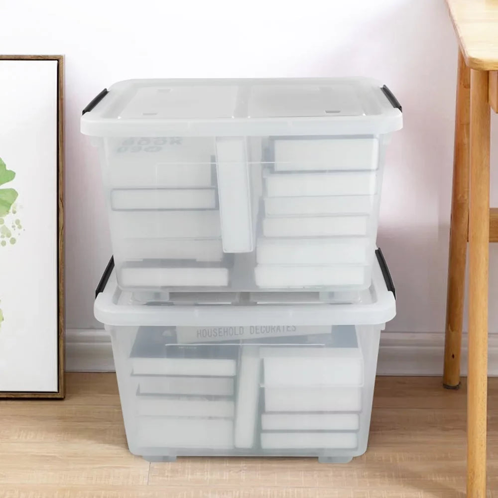 Kekow 4-Pack Clear Plastic Large Storage Box, 30 L Latch Storage Bin with Wheels