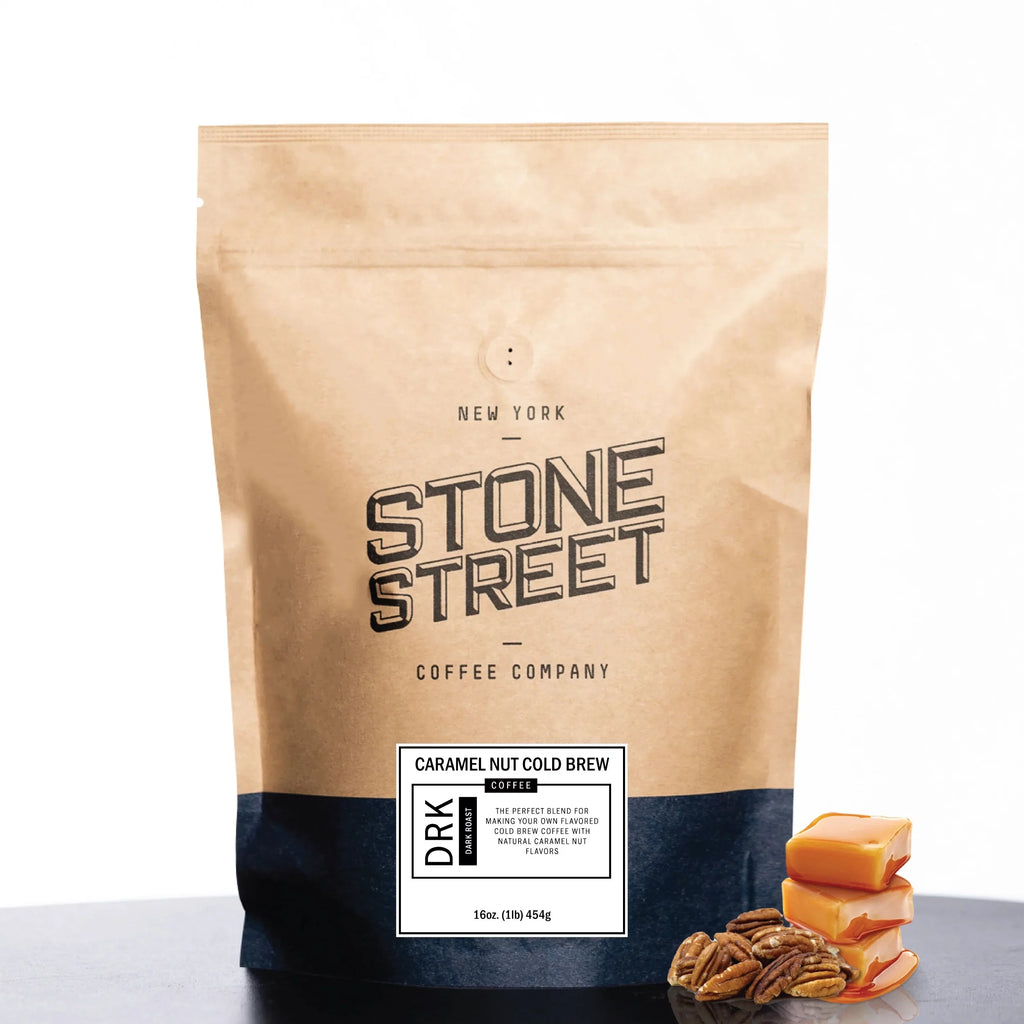 Stone Street Cold Brew Flavored Natural Caramel Nut Flavor, Low Acid, 100% Colombian, Gourmet Coffee, Coarse Ground, Dark Roast 1lb