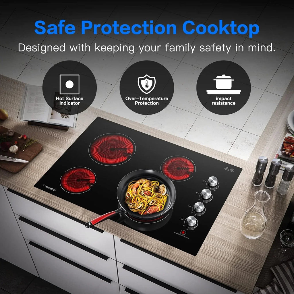 30 Inch Electric Cooktop Built-in Electric Burner with 4 Burners,  Safety Certified, 240V Power Control by Knob, 7000W Electric Stove with Hot Surface Indicator