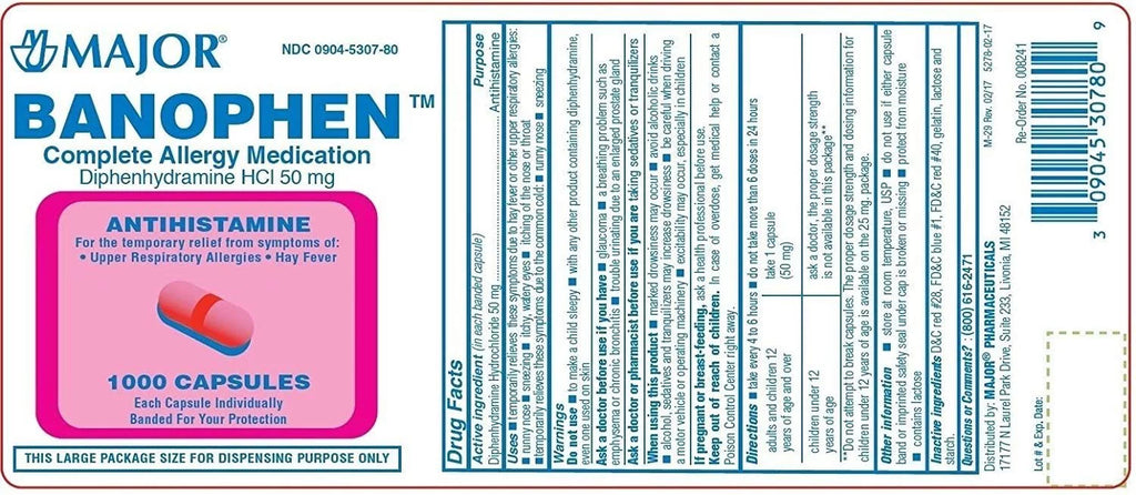Pack 4 Banophen Diphenhydramine Capsules, 50mg, 1000ct