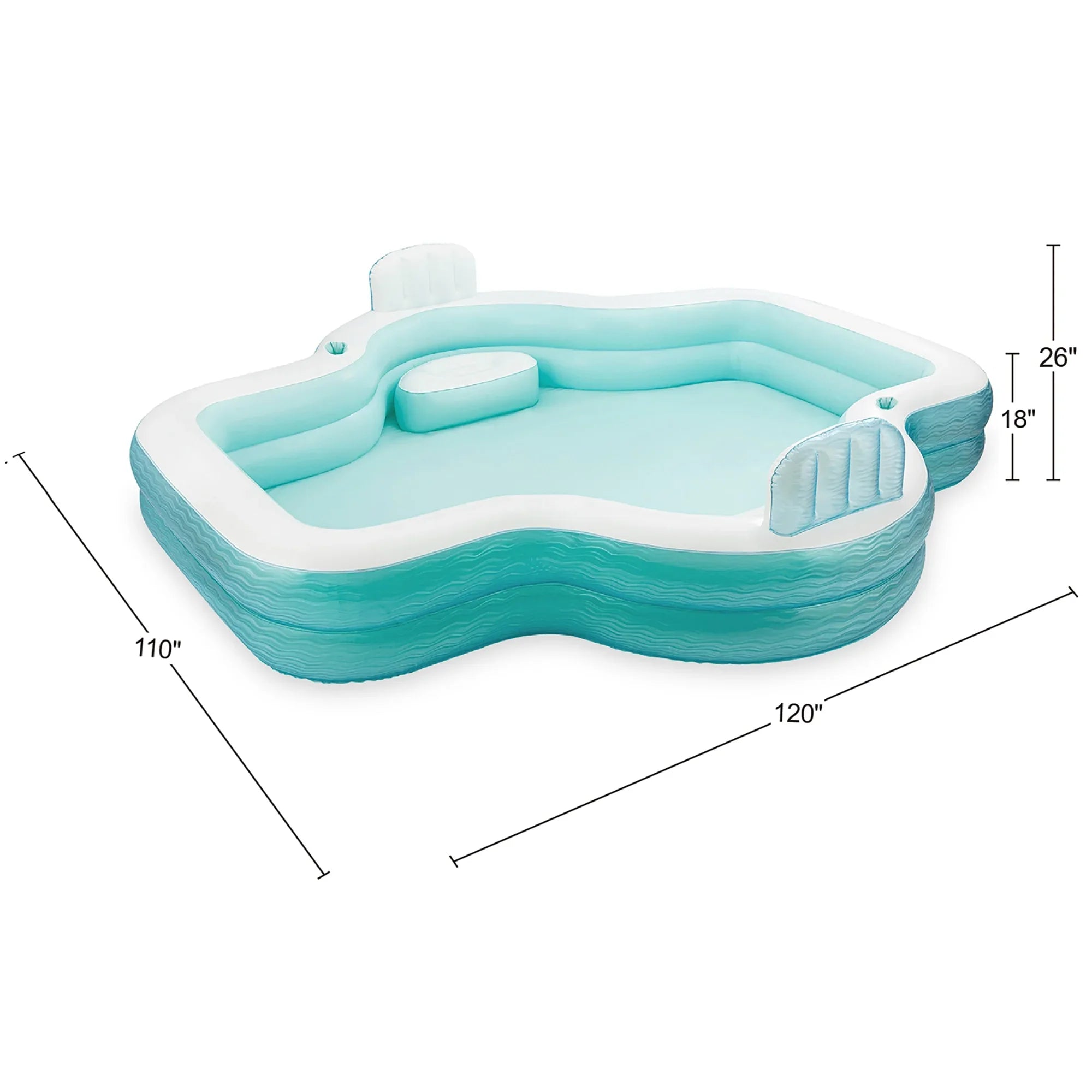 Funsicle: Shimmer Party Pool - 10ft Inflatable Lounge Pool, Teal & White, 120x110x18", Cup Holders, Comfortable Backrests, Outdoor Family Pool