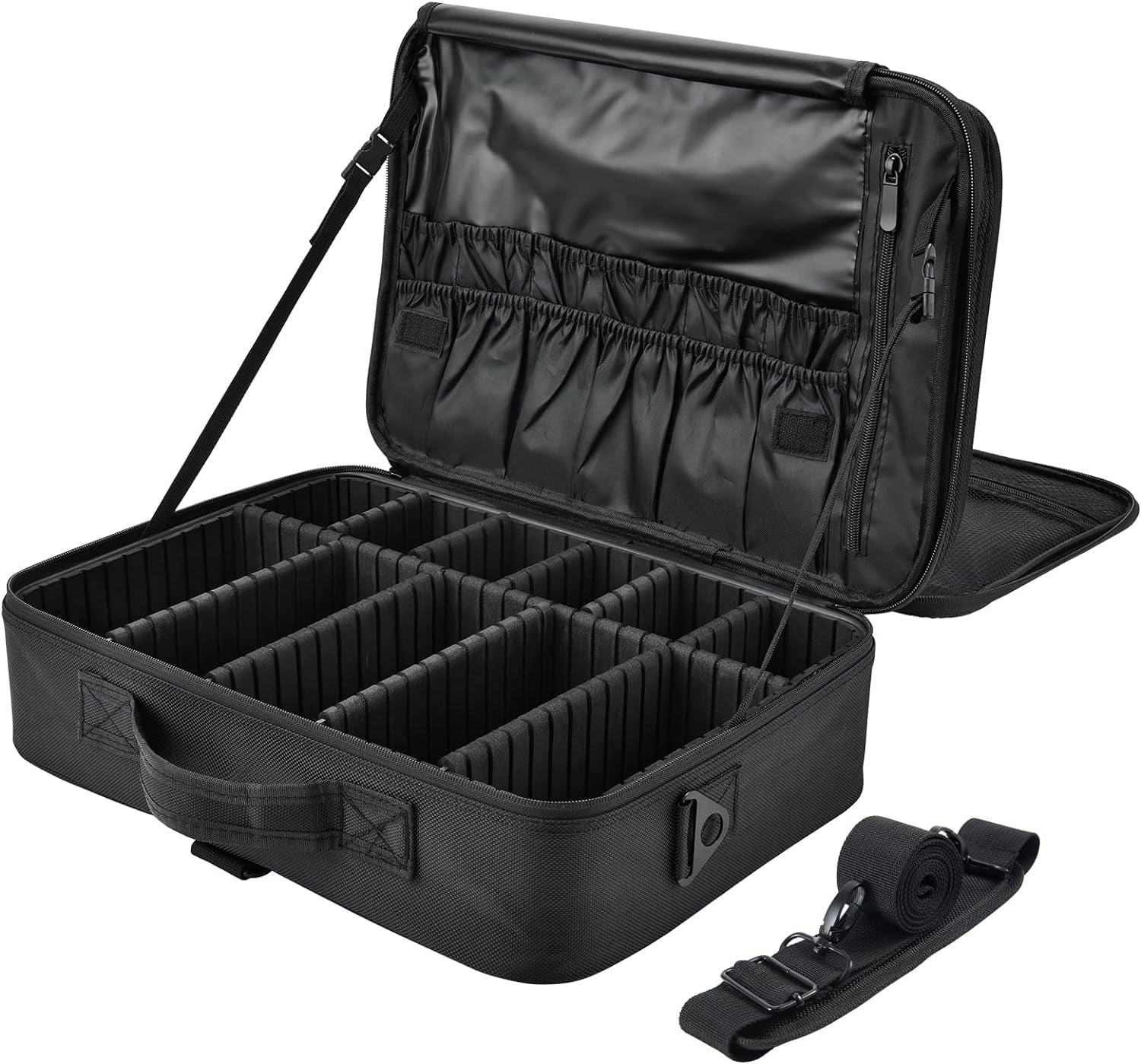 Extra Large Travel Makeup Bag Cosmetic Case Organizer Beauty Train Case with Shoulder Strap and Dividers Compartment, Black
