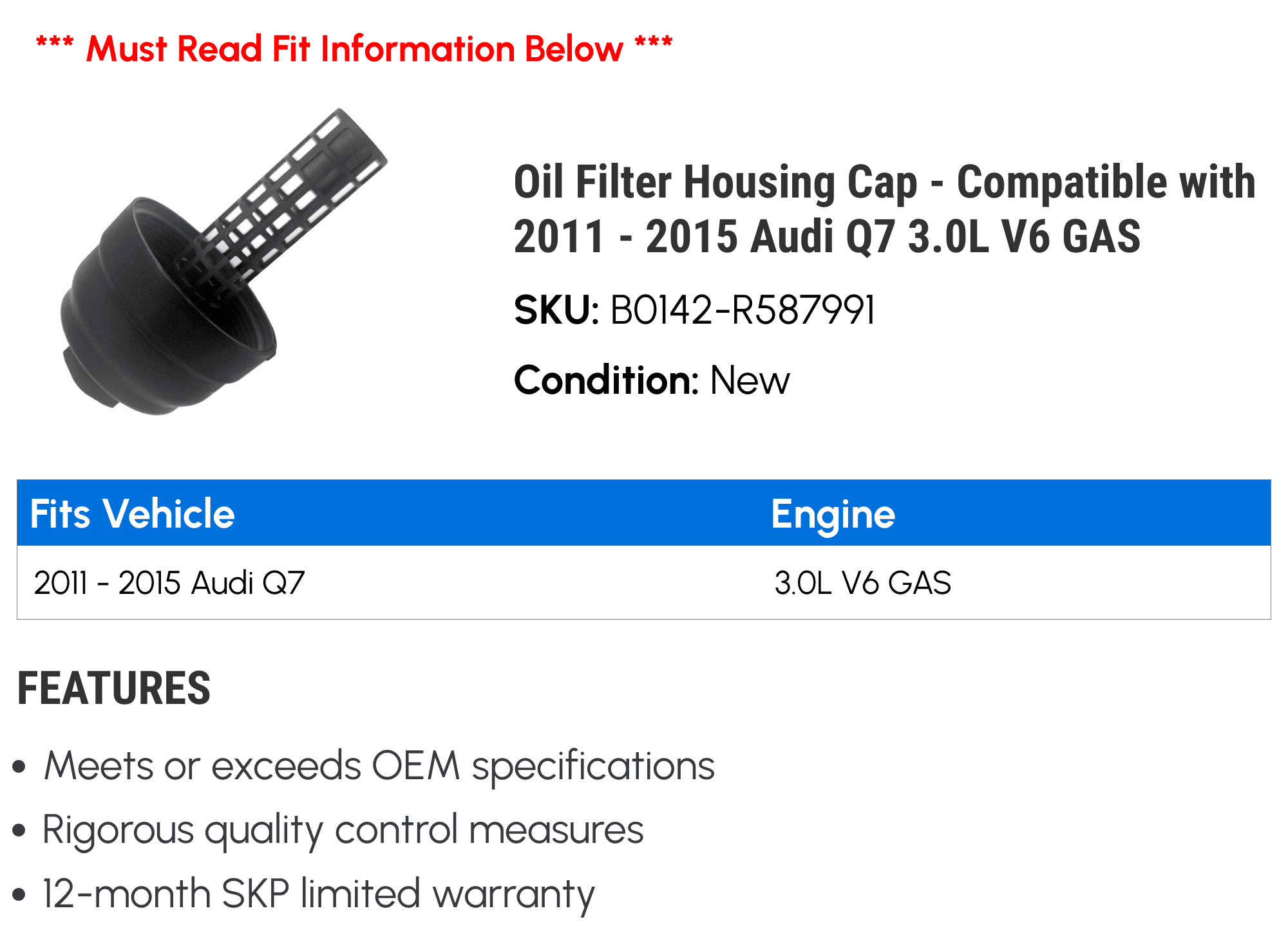 Filter Housing Cap - Compatible with 2011 - 2015 Audi Q7 3.0L V6  2012 2013 2014