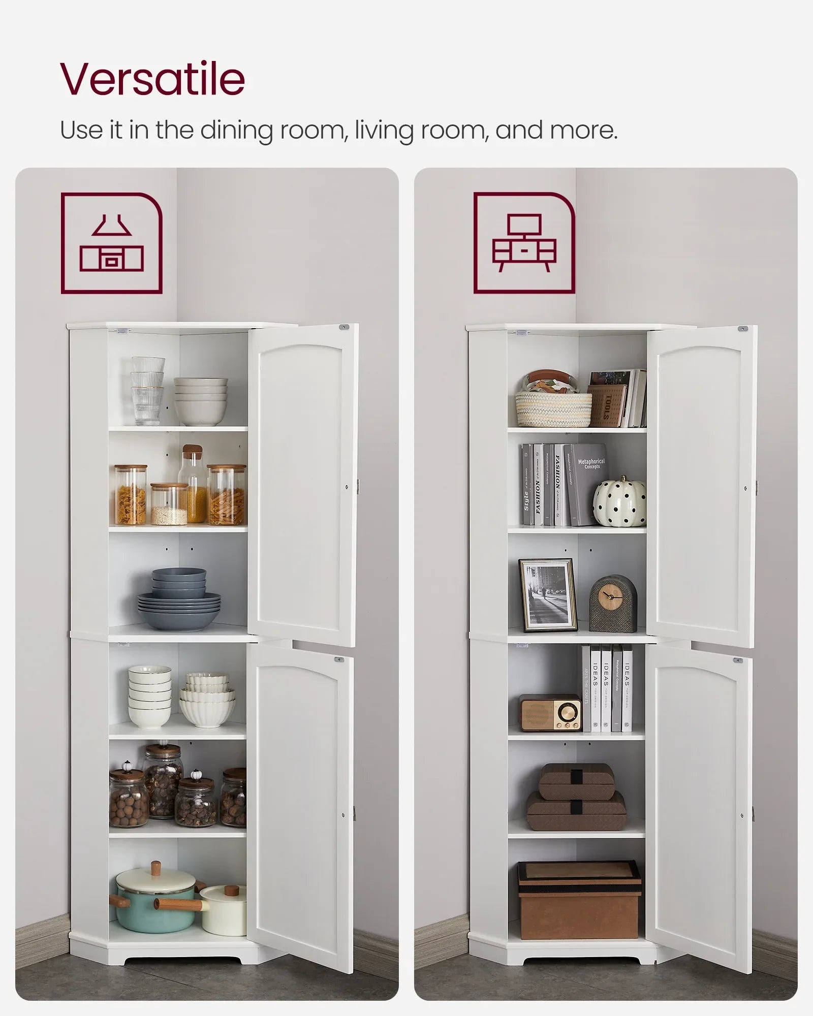 Floor Cabinet Bathroom Storage Cabinet with 2 Doors and 4 Adjustable Shelves Tall Corner Cabinet Modern Farmhouse Design, White