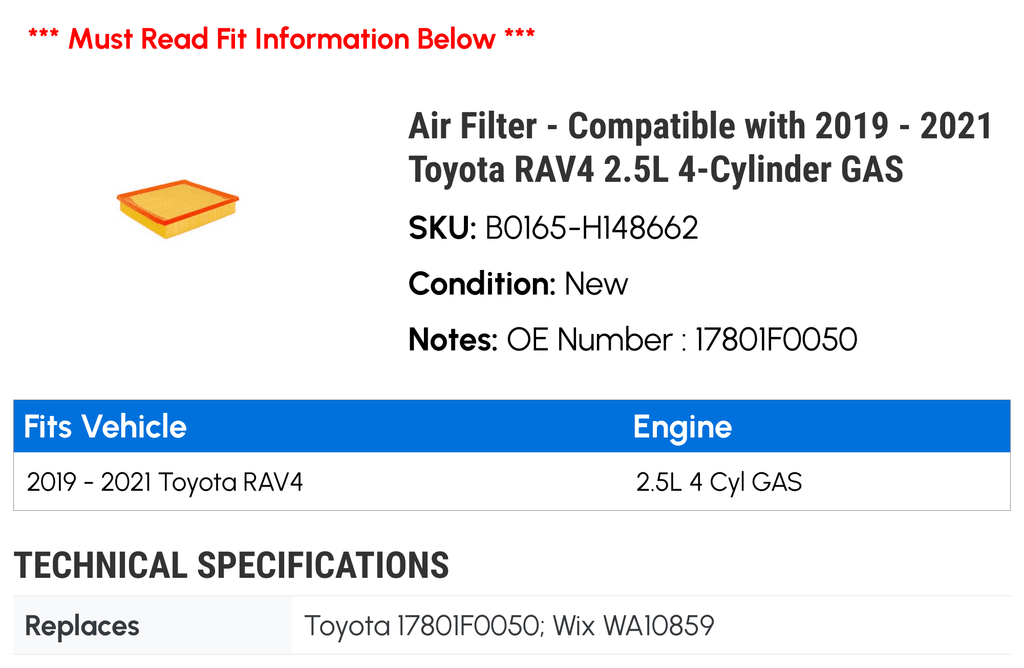 Air Filter - Compatible with 2019 - 2021 Toyota RAV4 2.5L 4-Cylinder  2020