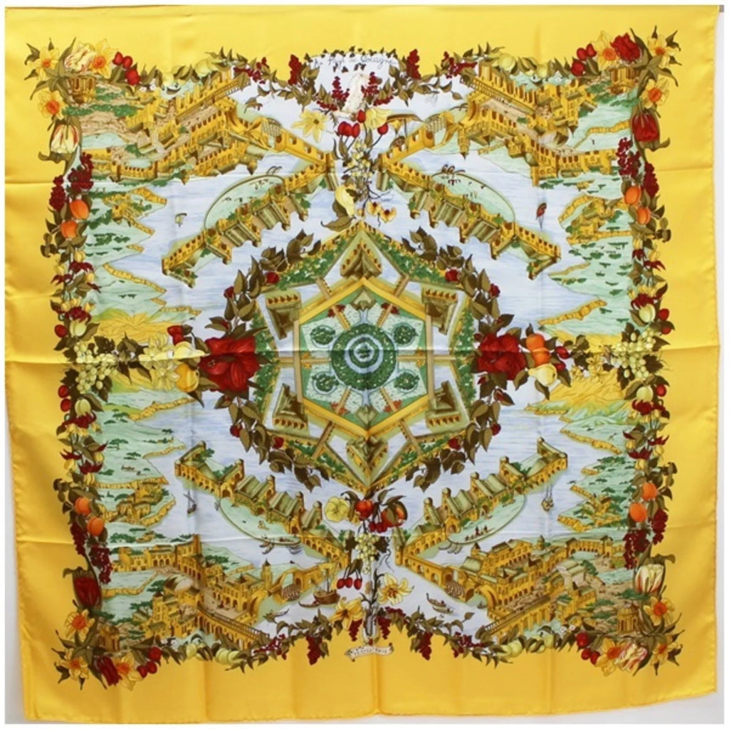 Pre-Owned Hermes Silk Scarf Carre 90 "Au pays de Cocagne" In Paradise Yellow  | For Ladies (Good)