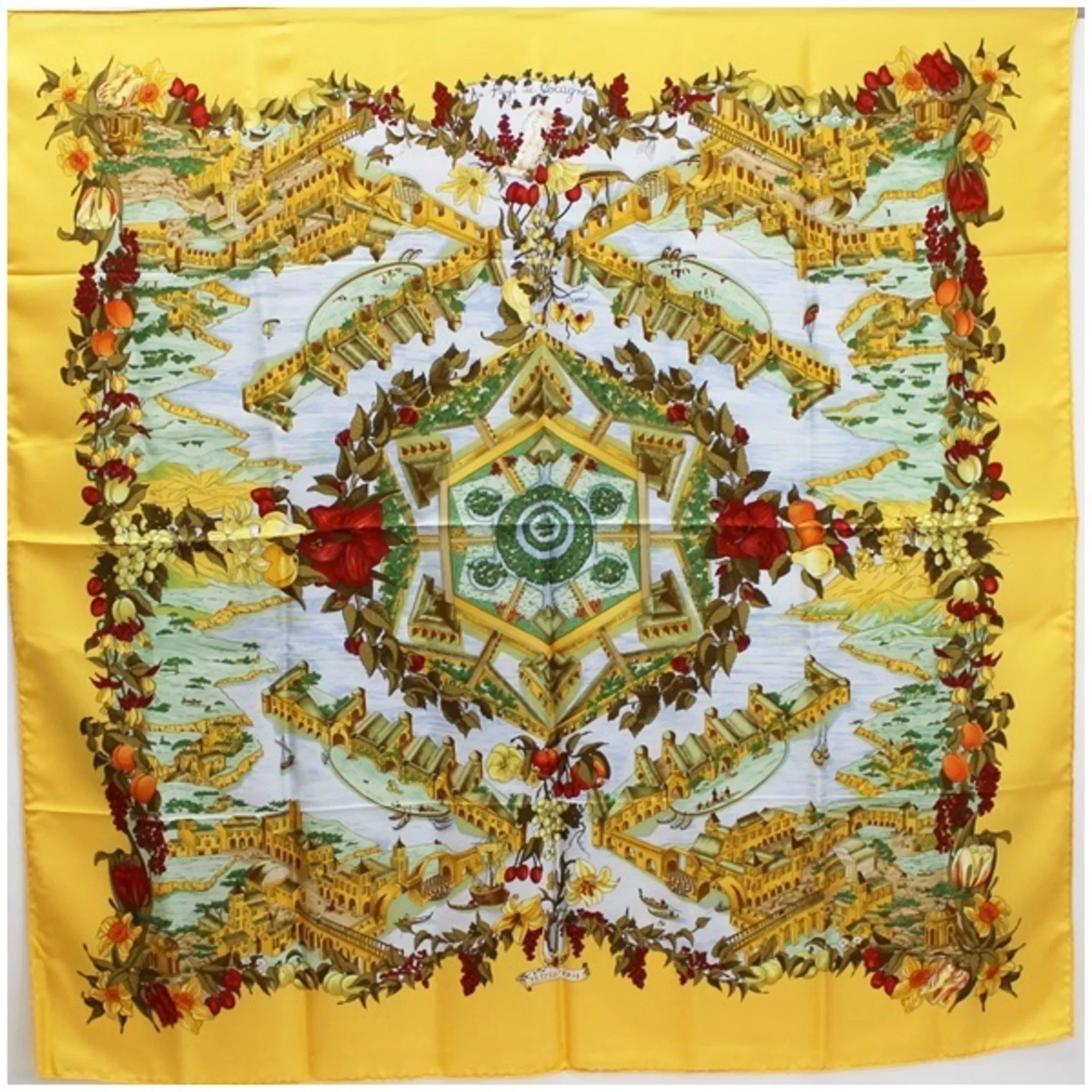 Pre-Owned Hermes Silk Scarf Carre 90 "Au pays de Cocagne" In Paradise Yellow  | For Ladies (Good)