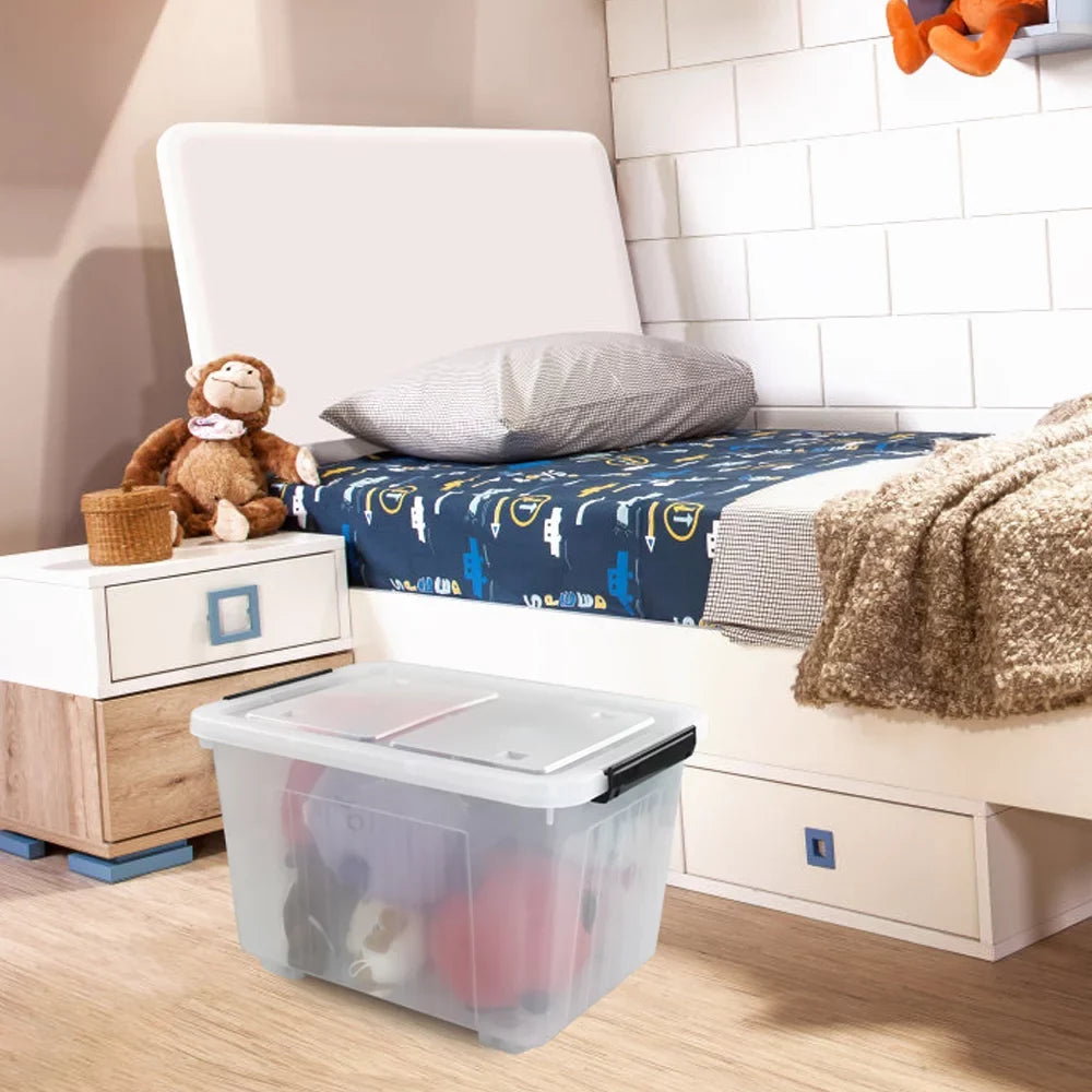 Kekow 4-Pack Clear Plastic Large Storage Box, 30 L Latch Storage Bin with Wheels