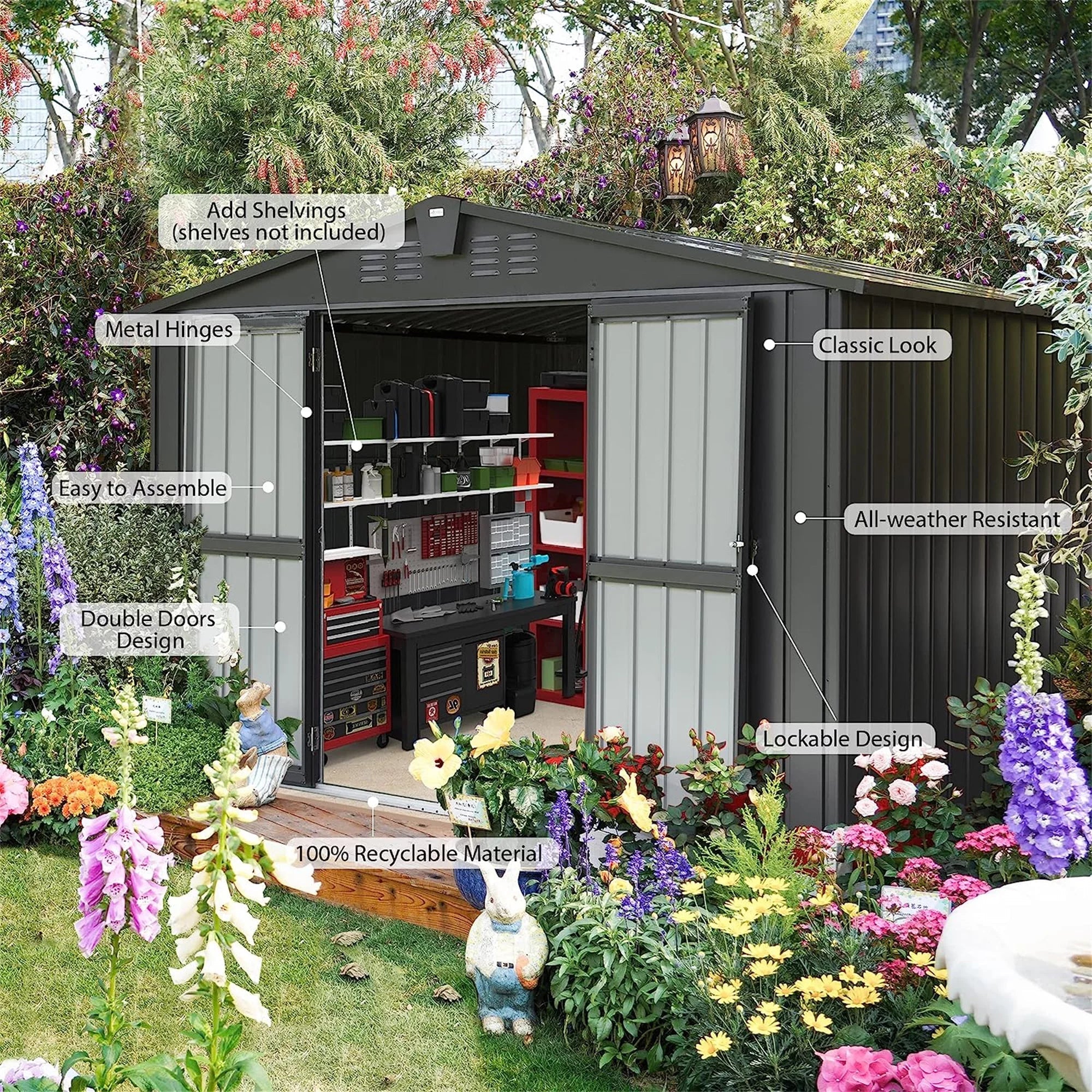 Homiyad Outdoor Storage Shed 10'X 8', Metal Garden Shed for Bike, Trash Can, Tools, Galvanized Steel Outdoor Storage Cabinet with Lockable Door for Backyard, Patio, Lawn (10X8ft, Black)