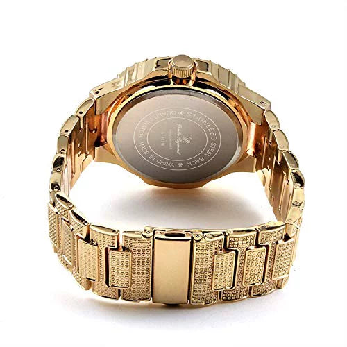 Bling-ed Out Oblong Case Metal Mens Watch w/Matching Bling-ed Out Bracelet Set - 8475B (Gold/Gold)