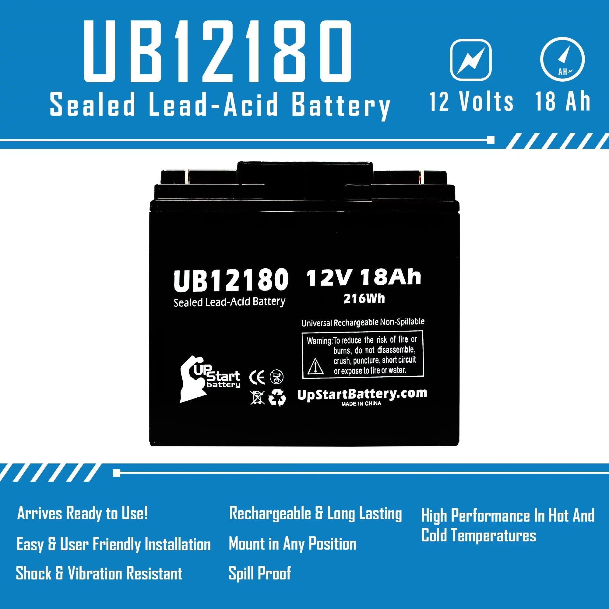 2x Pack - Compatible  / Portalac PX12180 Battery - Replacement UB12180 Universal Sealed Lead Acid Battery (12V, 18Ah, 18000mAh, T4 Terminal, , )