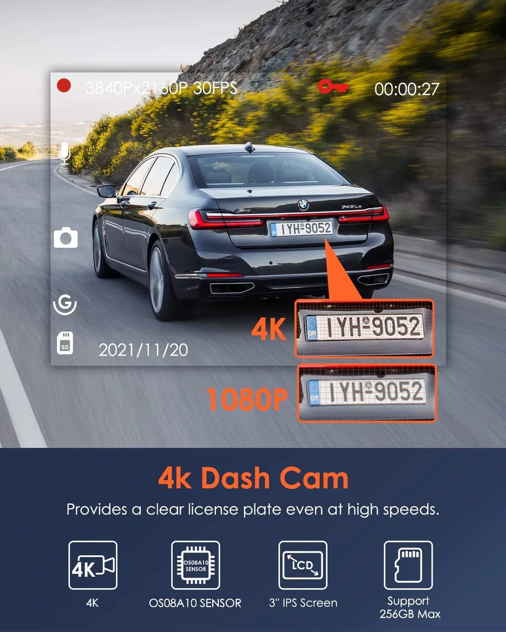 Vantrue  4K WiFi Dash Cam for Cars, 2160PX30FPS Wireless Car Dash Camera with 5 Ghz/2.4Ghz  and Vantrue Cam , Superior Night Vision with , 24/7 Parking Monitor, , G-sensor  (X4S W)
