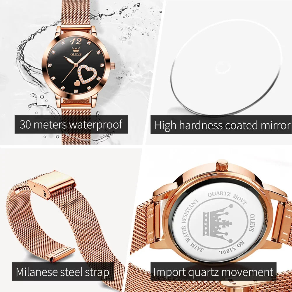 Olevs Elegant Women's Watch, Rose Gold Diamond Hearts Big Face Mesh Strap Fashion Dress Japanese Quartz Waterproof Luminous Ladies Watches, Female Wristwatch, Gifts for Women
