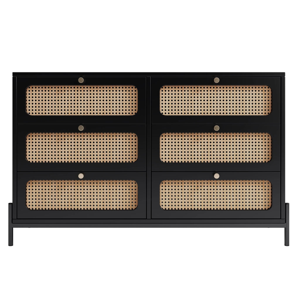 Al Fresco Accent Storage Cabinet with 6 Drawer, Modern Wide Chest of Drawers, 3 Tier Wood Dresser for Bedroom, Living Room, Entryway, Black