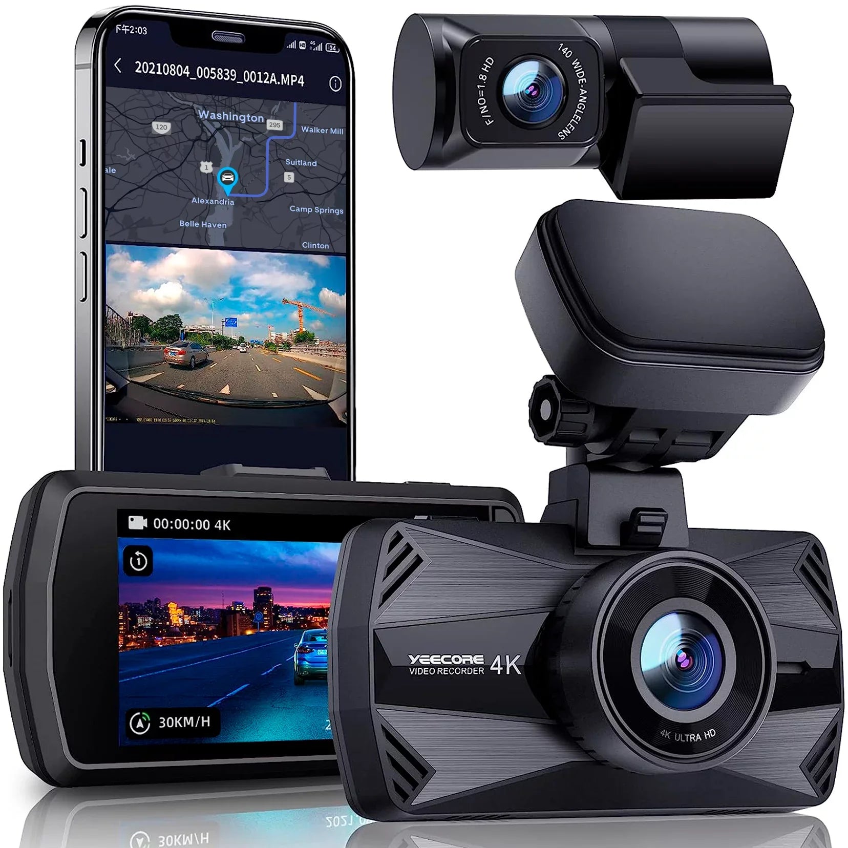 Yeecore 4K Dual Dash Cam 5G WiFi , Real 4K+ 1080P Dash Cam Front and Rear, 3"  Super Night Vision, Parking Mode, Dash Camera for Cars with App, G-Sensor, Accident Record