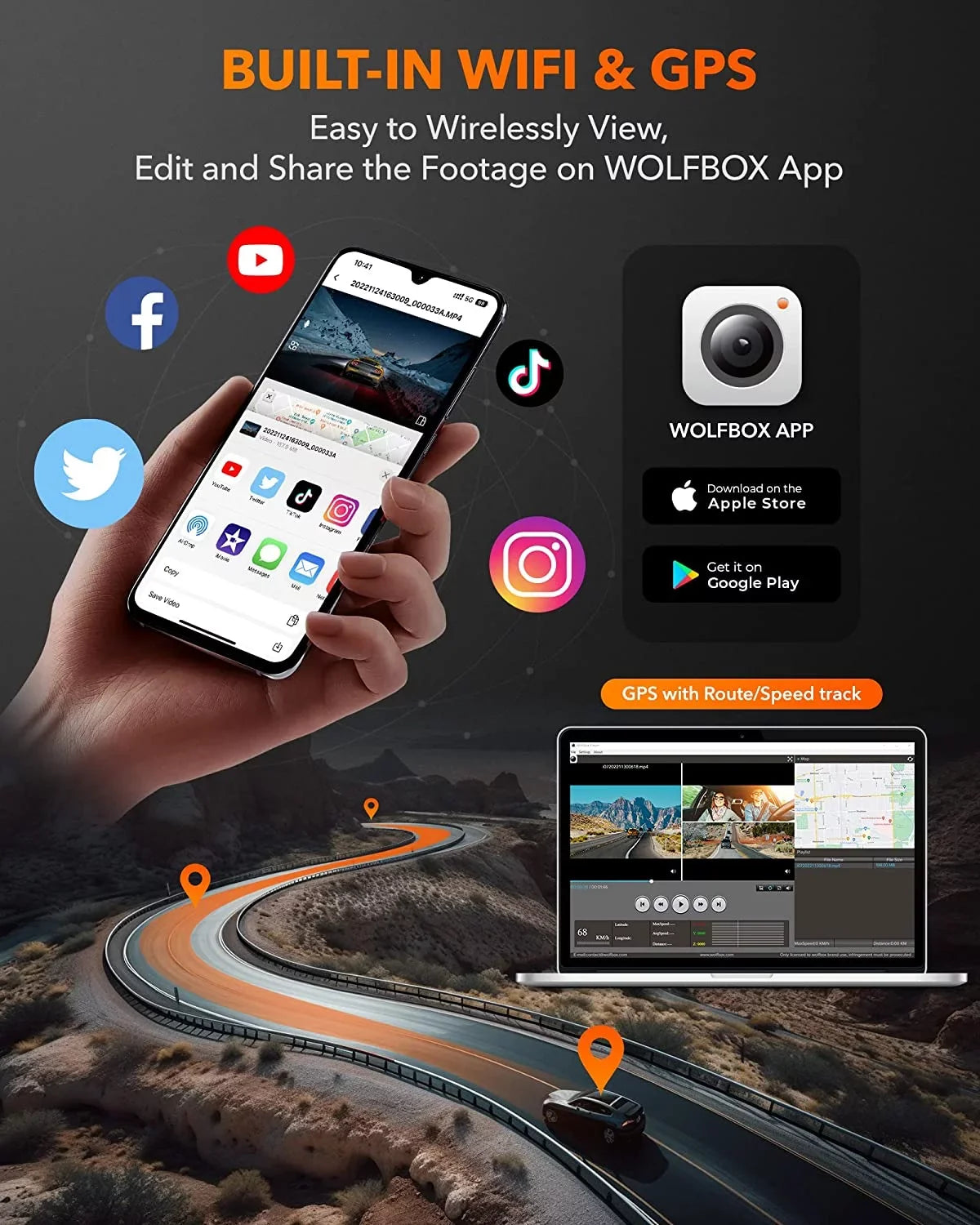 4K Dash Cam 3 Channel, WiFi&, 3"  DashCam Front and Rear with Super  Night Vision, Loop Recording, G-Sensor, 24H Parking Monitor