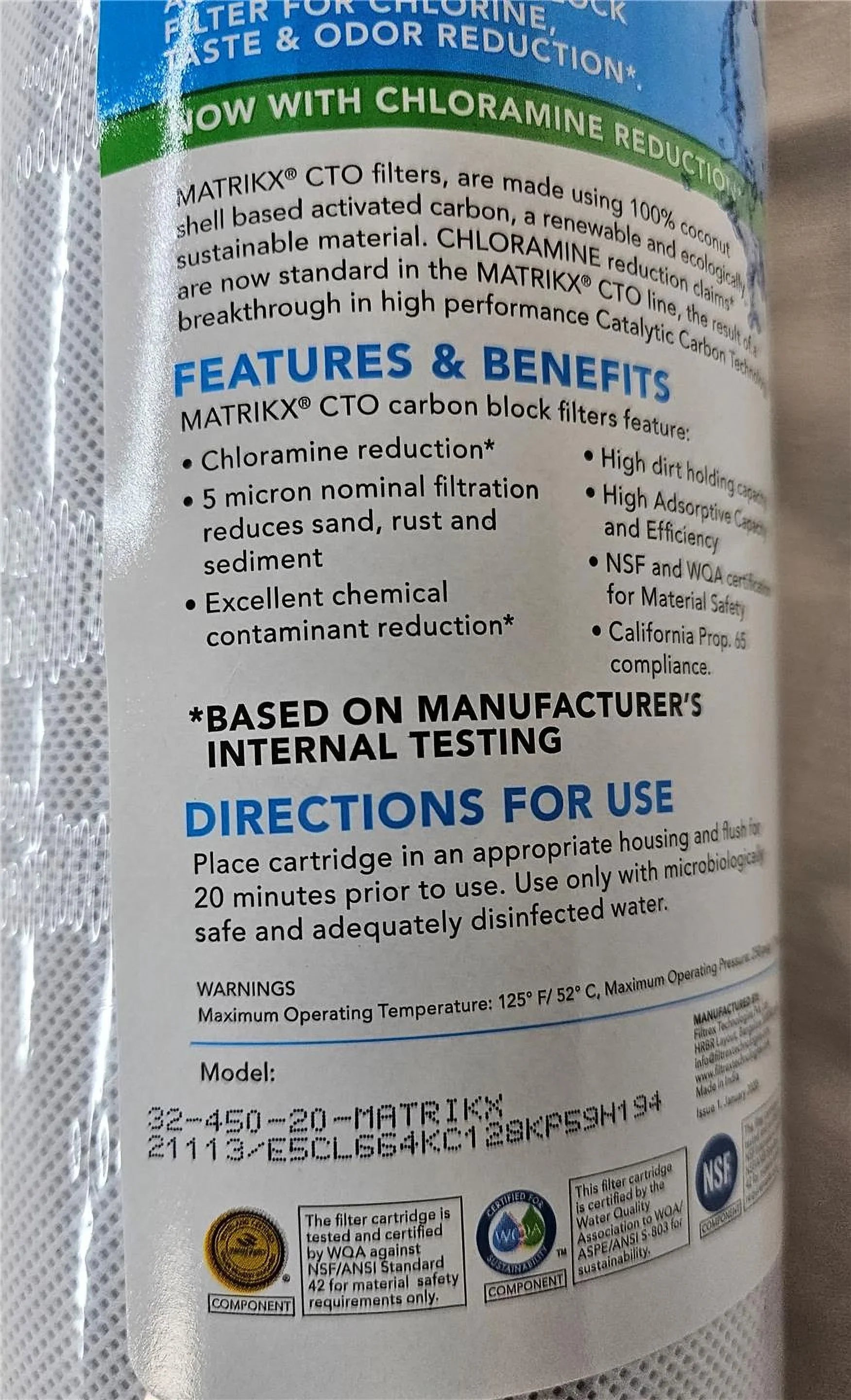 MatriKX (32-450-20-) 20"x4.5"  Carbon Block Chlorine Reduction 5 Micron Filter