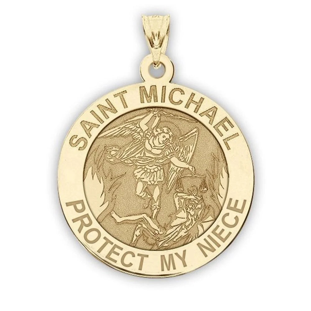 Picturesongold.Com Saint Michael - Protect My Niece - Religious Medal  - 2/3 inch Size of Dime, Solid 14K Yellow Gold