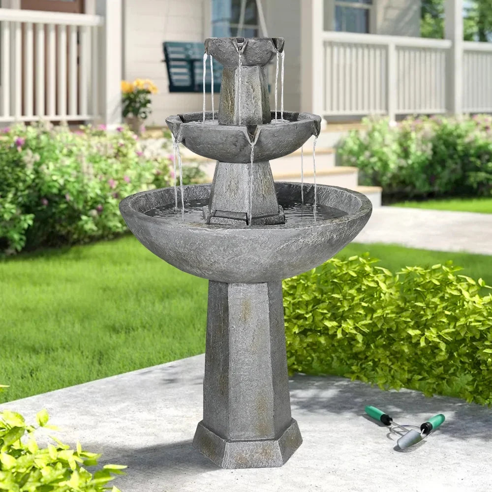 3 Tier Freestanding Waterfall Fountain, 43.3in H Outdoor Fountain with Bird Bath Decor for Garden Patio Backyard Deck Home Lawn Porch