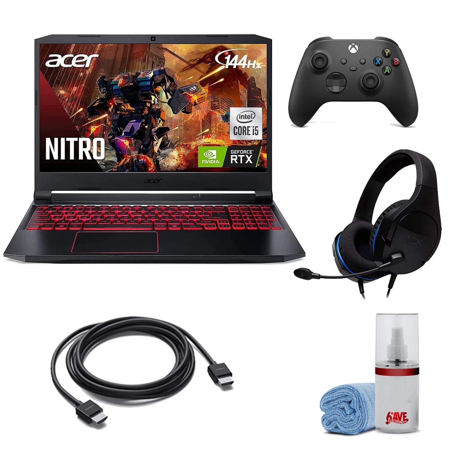 Acer Nitro 5 15.6-Inch 144hz  Gaming Laptop + High Quality 6ft  Cable +  Screen Cleaner + Wired Stereo Gaming Headset + Gaming Controller- Carbon Black