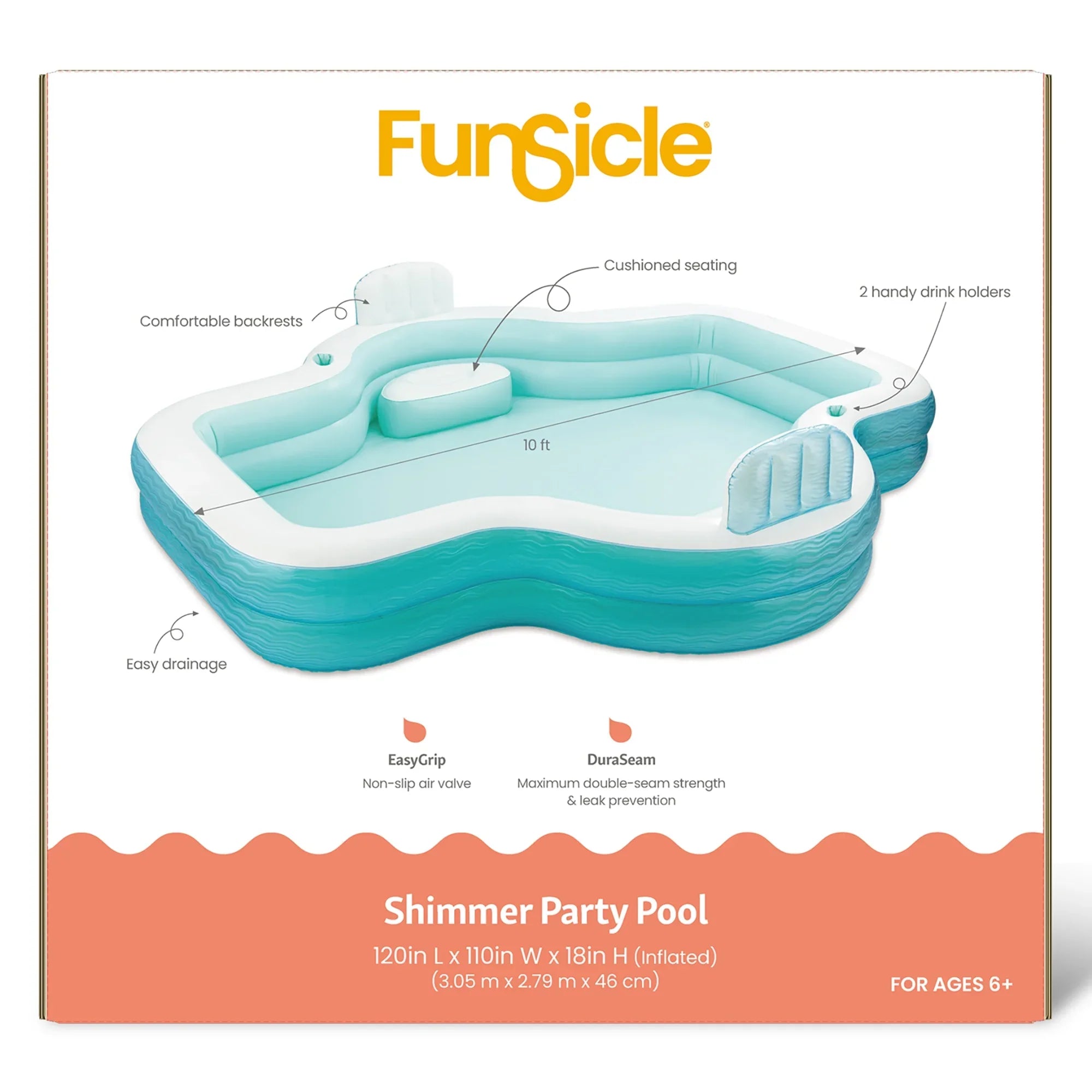 Funsicle: Shimmer Party Pool - 10ft Inflatable Lounge Pool, Teal & White, 120x110x18", Cup Holders, Comfortable Backrests, Outdoor Family Pool