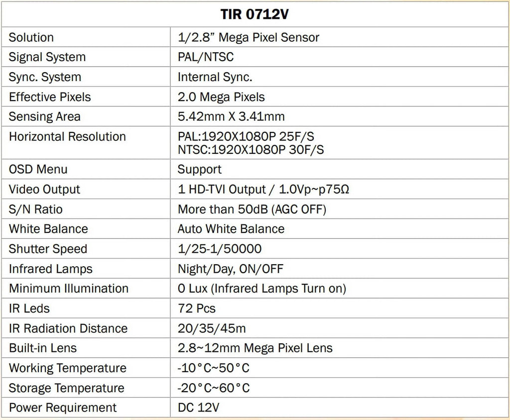 Eyemax -0712V - 2MP Outdoor Bullet Camera, 2.8-12mm, 72   12V