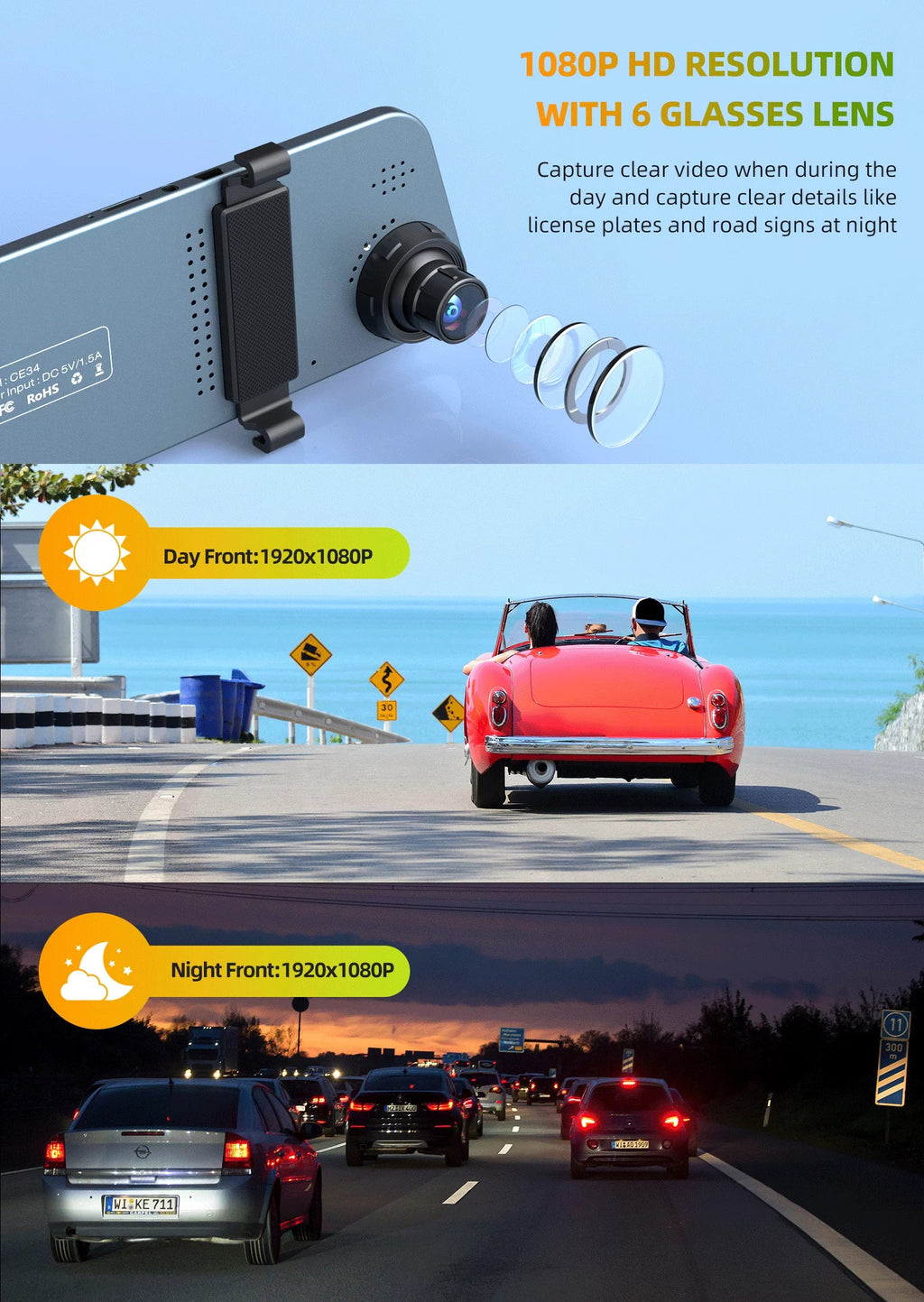 Backup Camera 5" Full  1080P Dash Cam Front and Rear Dual Lens with Waterproof Rear Camera