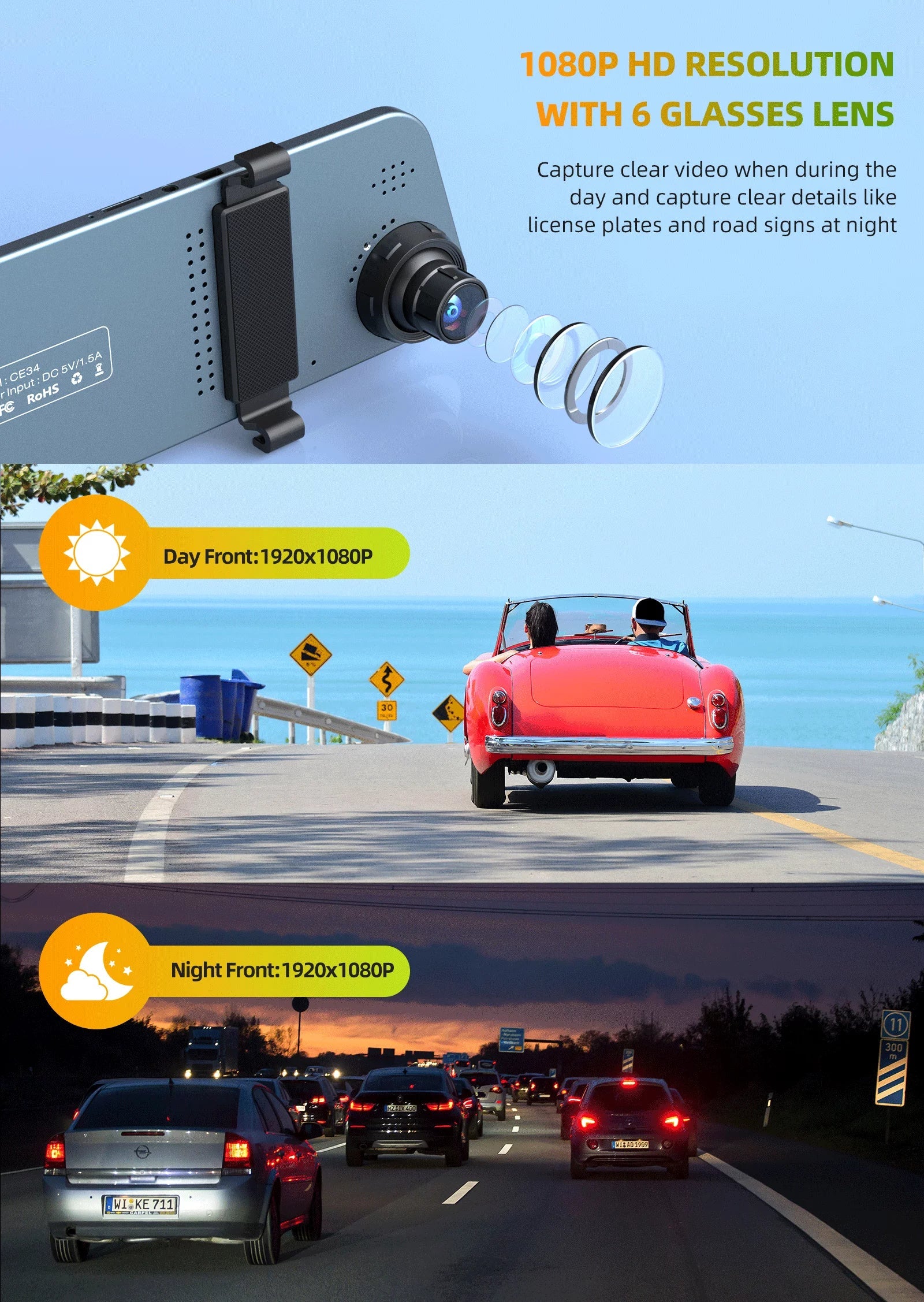 Backup Camera 5" Full  1080P Dash Cam Front and Rear Dual Lens with Waterproof Rear Camera