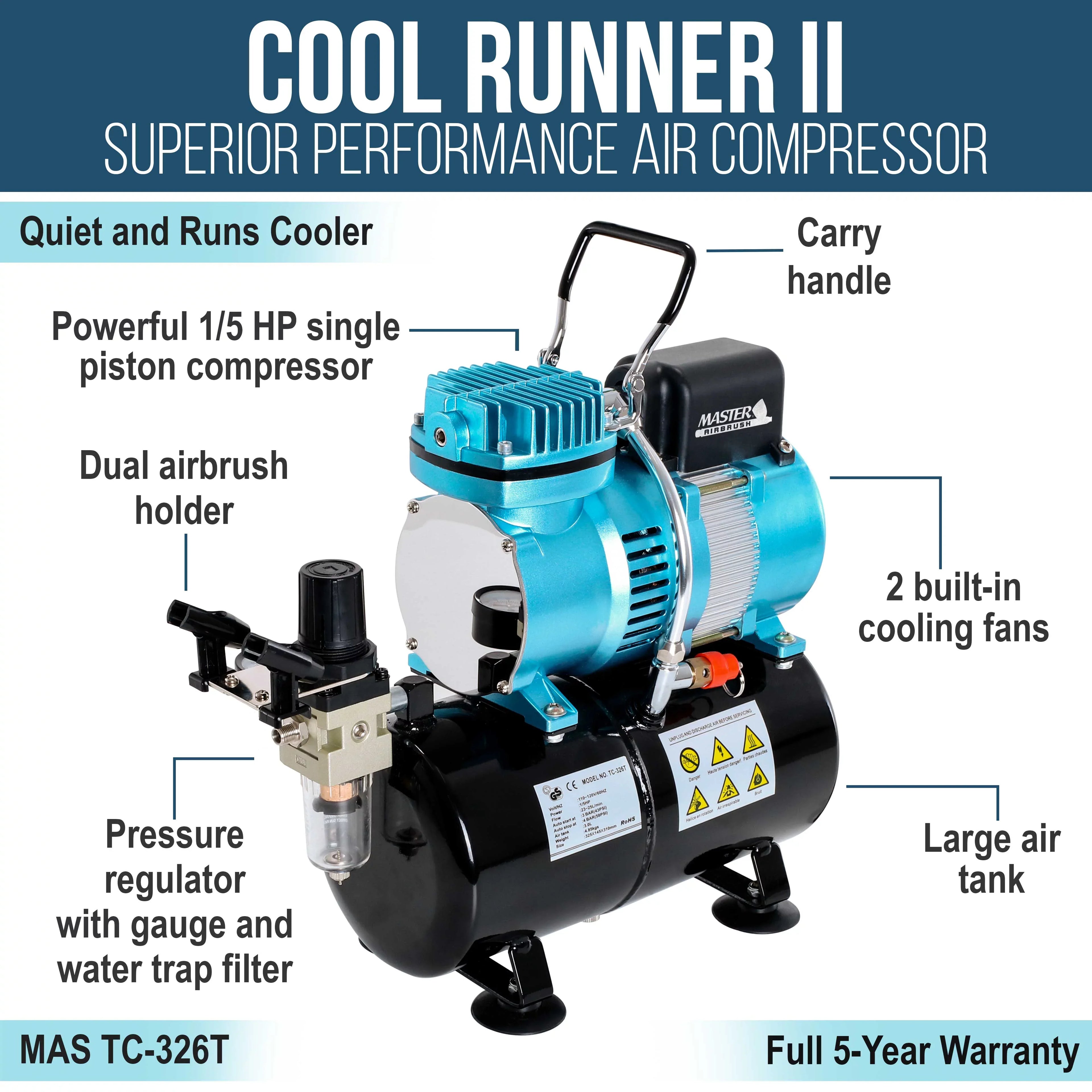 Master Airbrush Dual Fan Air Tank Compressor Kit with G22 Gravity Feed Airbrush Set, 0.3 mm Tip - Hobby Auto Cake Tattoo