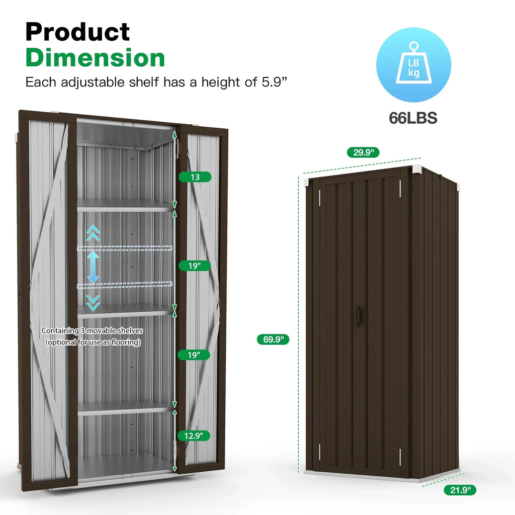 70" Metal Storage Cabinet with Doors and Shelves Outdoor/ Indoor Storage Shed Organizer for Garage& Garden in Brown