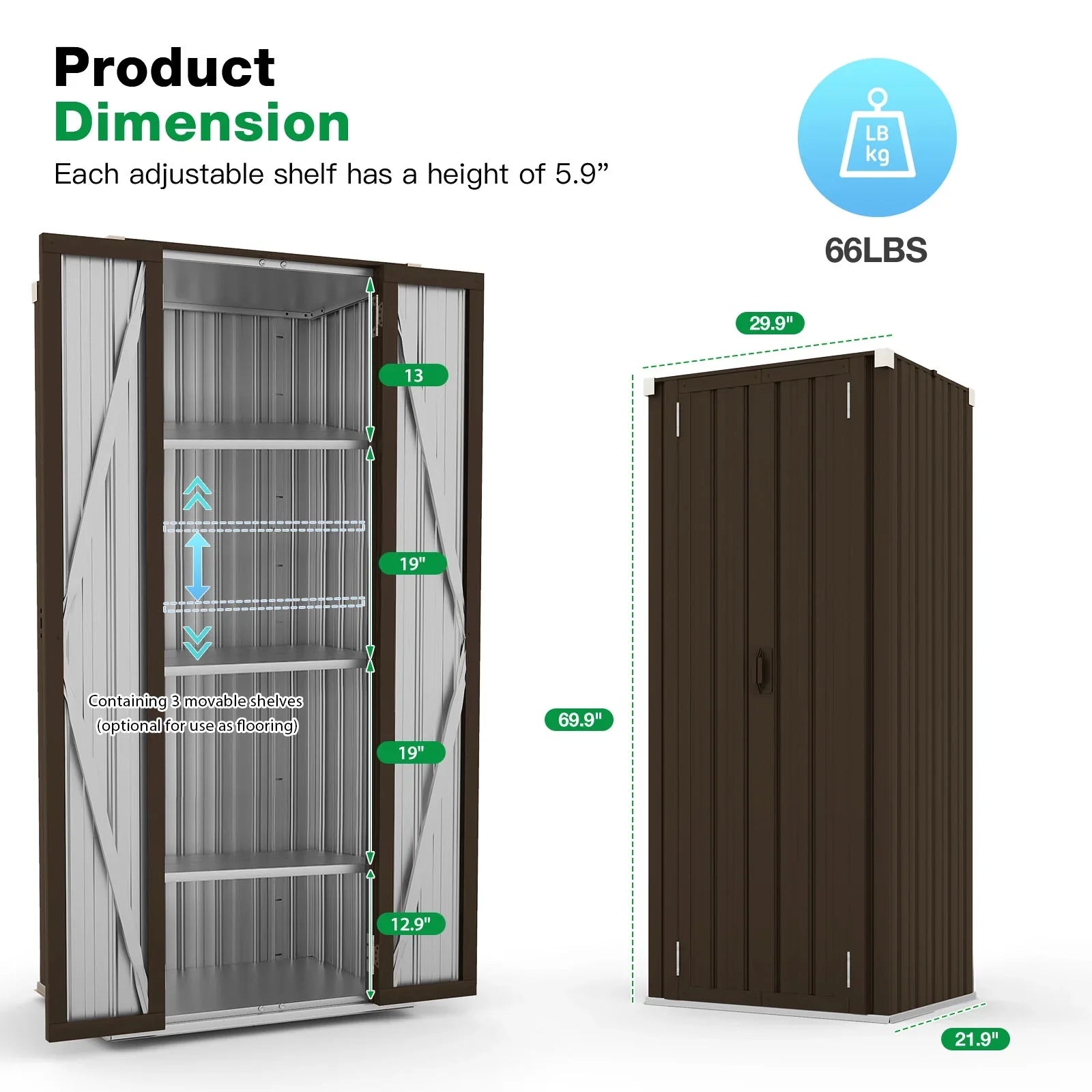 70" Metal Storage Cabinet with Doors and Shelves Outdoor/ Indoor Storage Shed Organizer for Garage& Garden in Brown